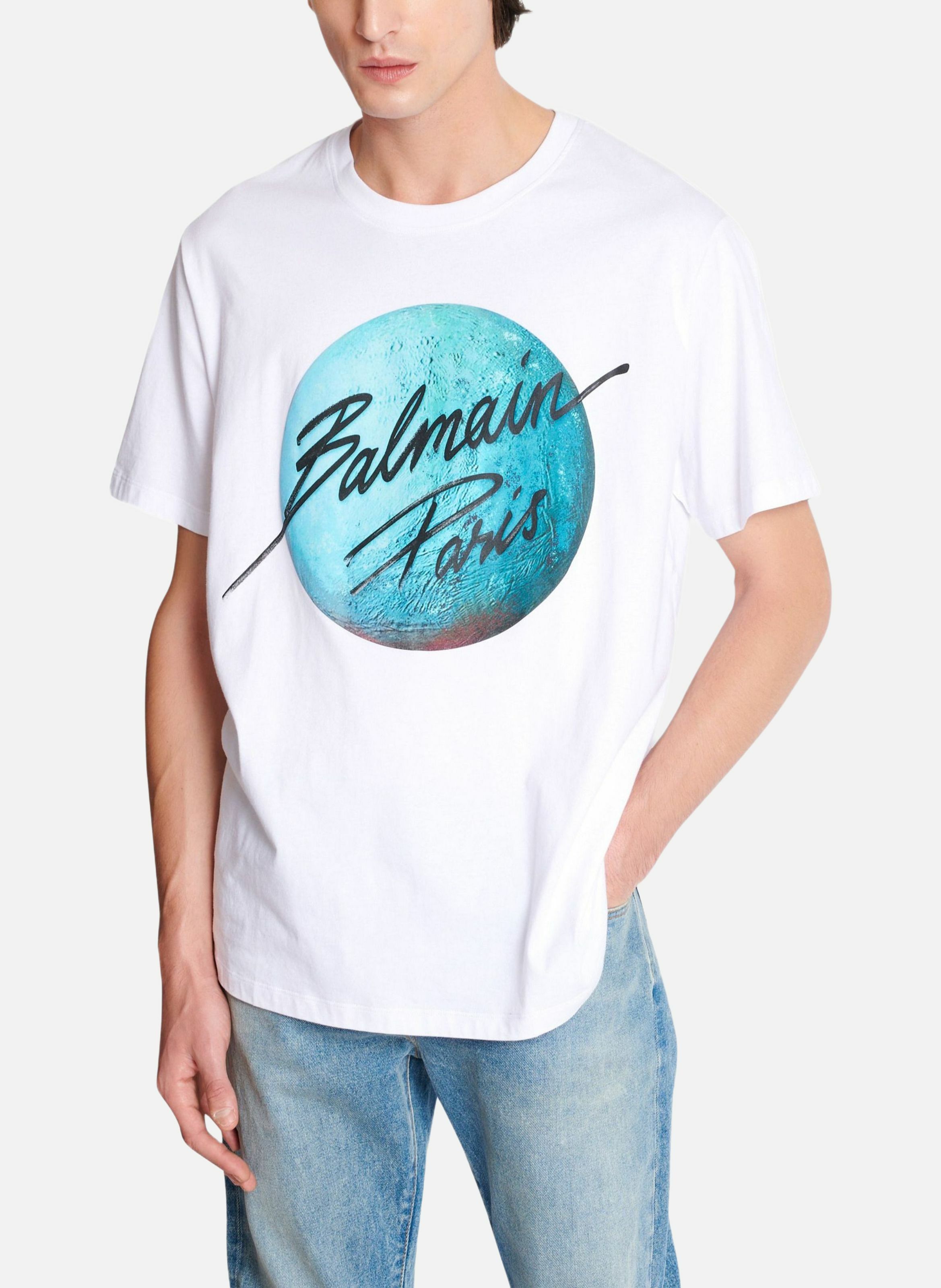 T-shirt imprimé balmain paris logo et planète BALMAIN Blanc