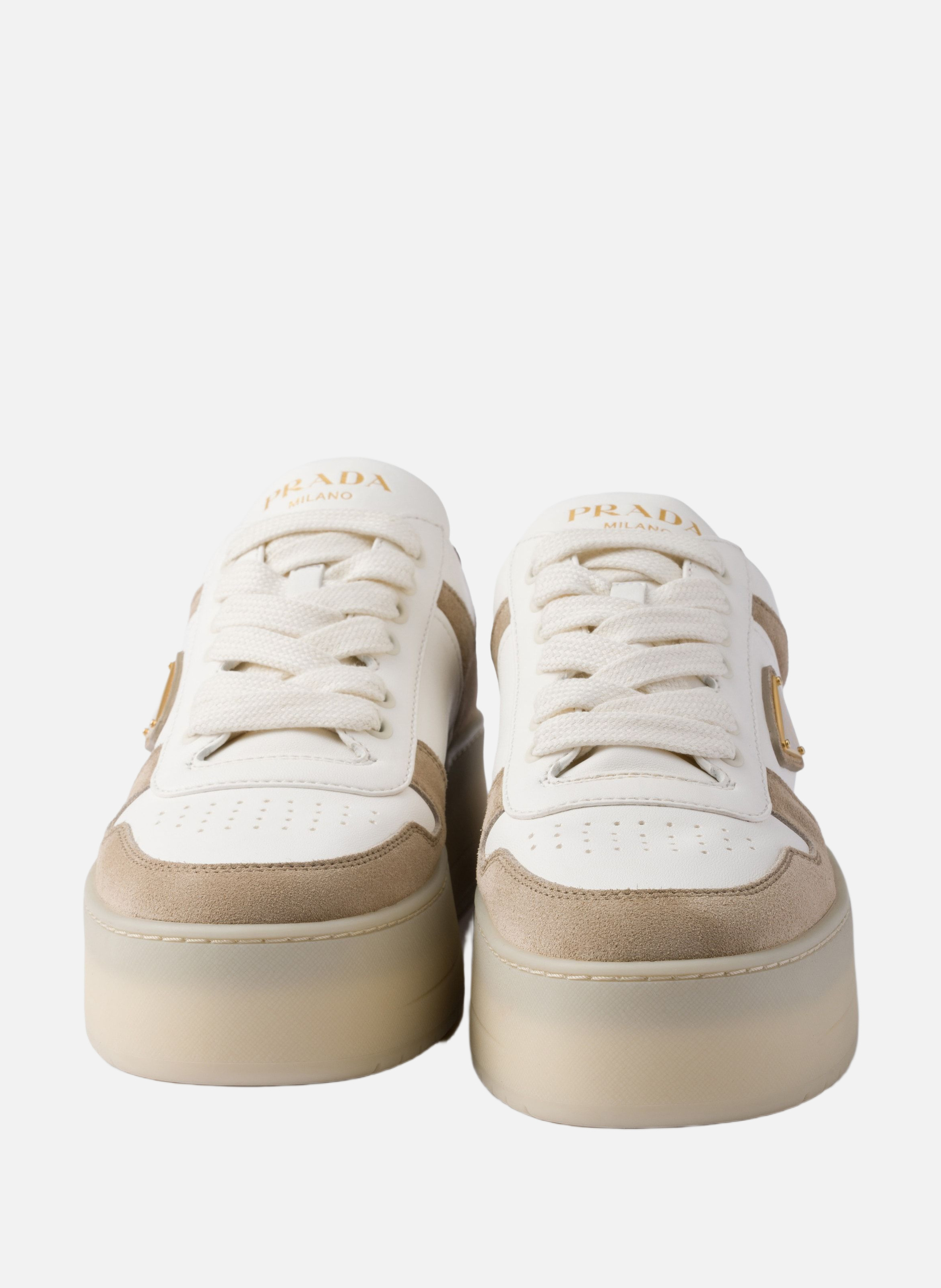 Sneakers downtown bold en cuir nappa et veau velou PRADA Beige