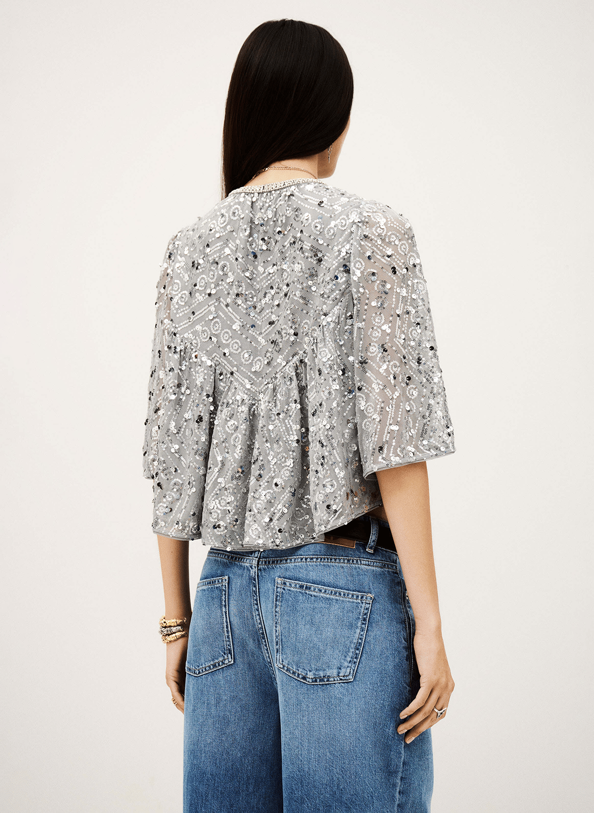 Top ample col v à sequins cara Argent