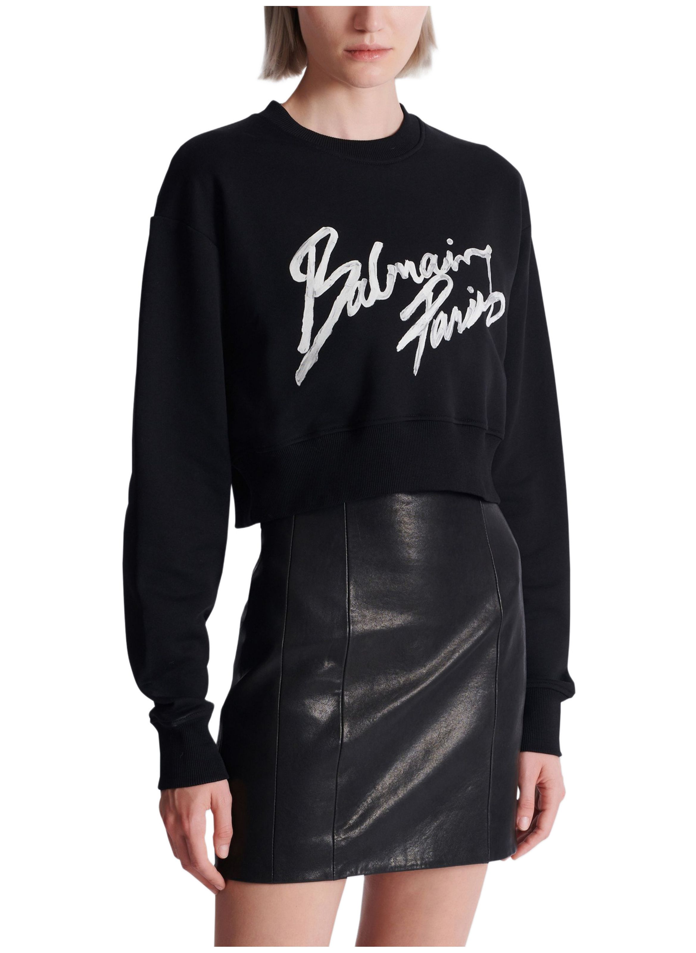 Sweatshirt court en coton à imprimé BALMAIN Noir