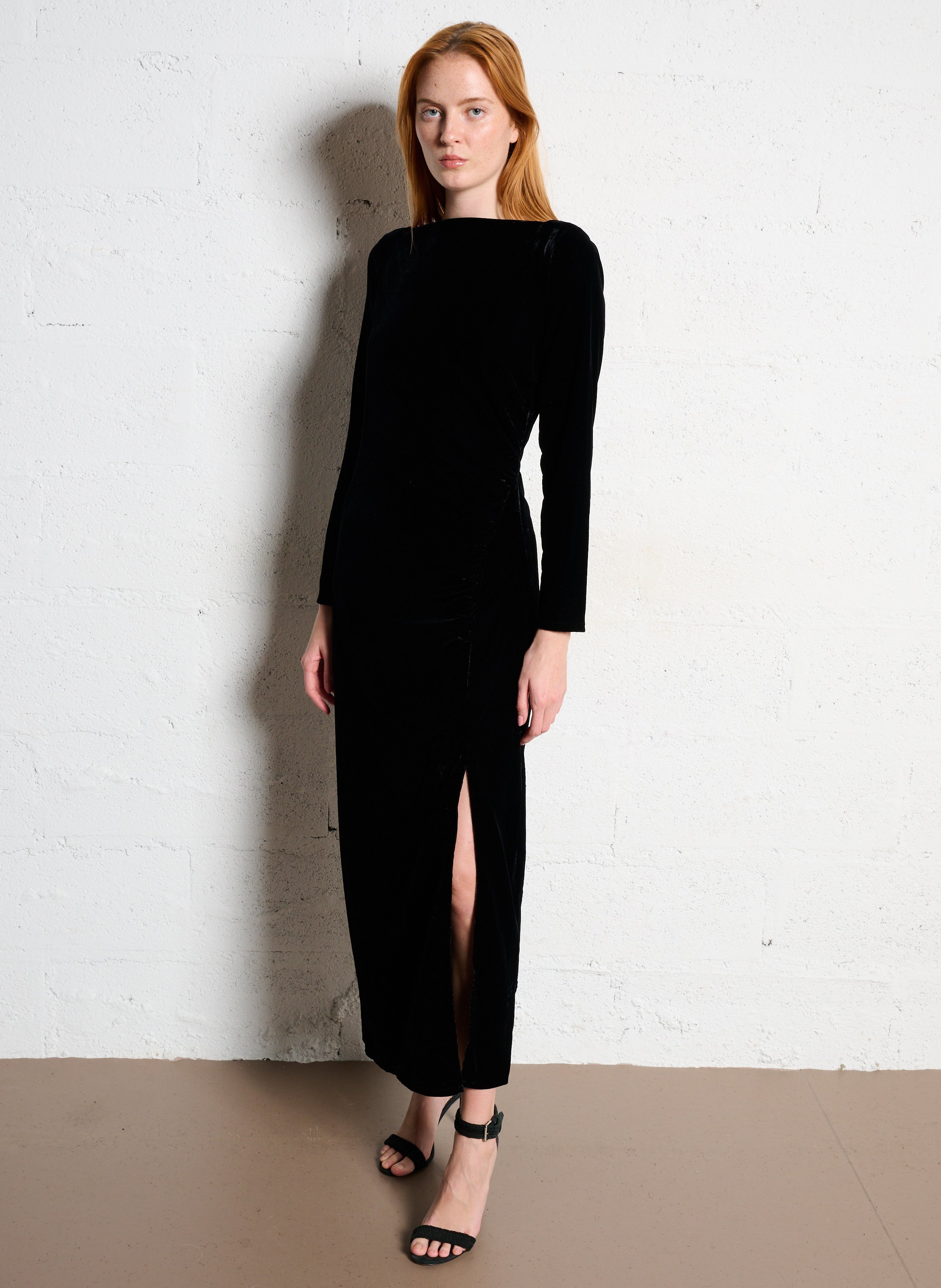 Robe midi col bateau aspectvelours rafaela MAISON 123 Noir