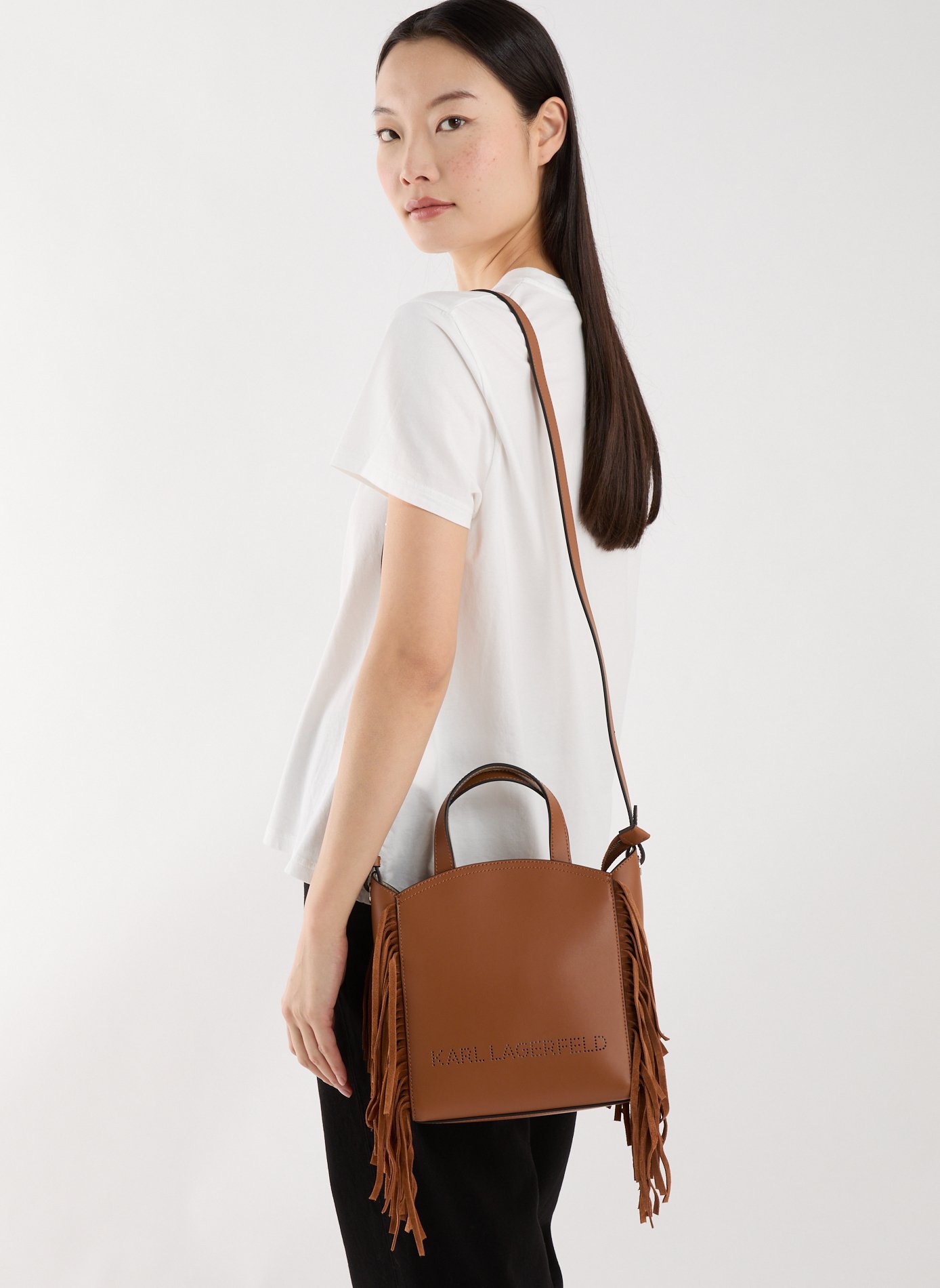Leather fringe shoulder bag KARL LAGERFELD Brown