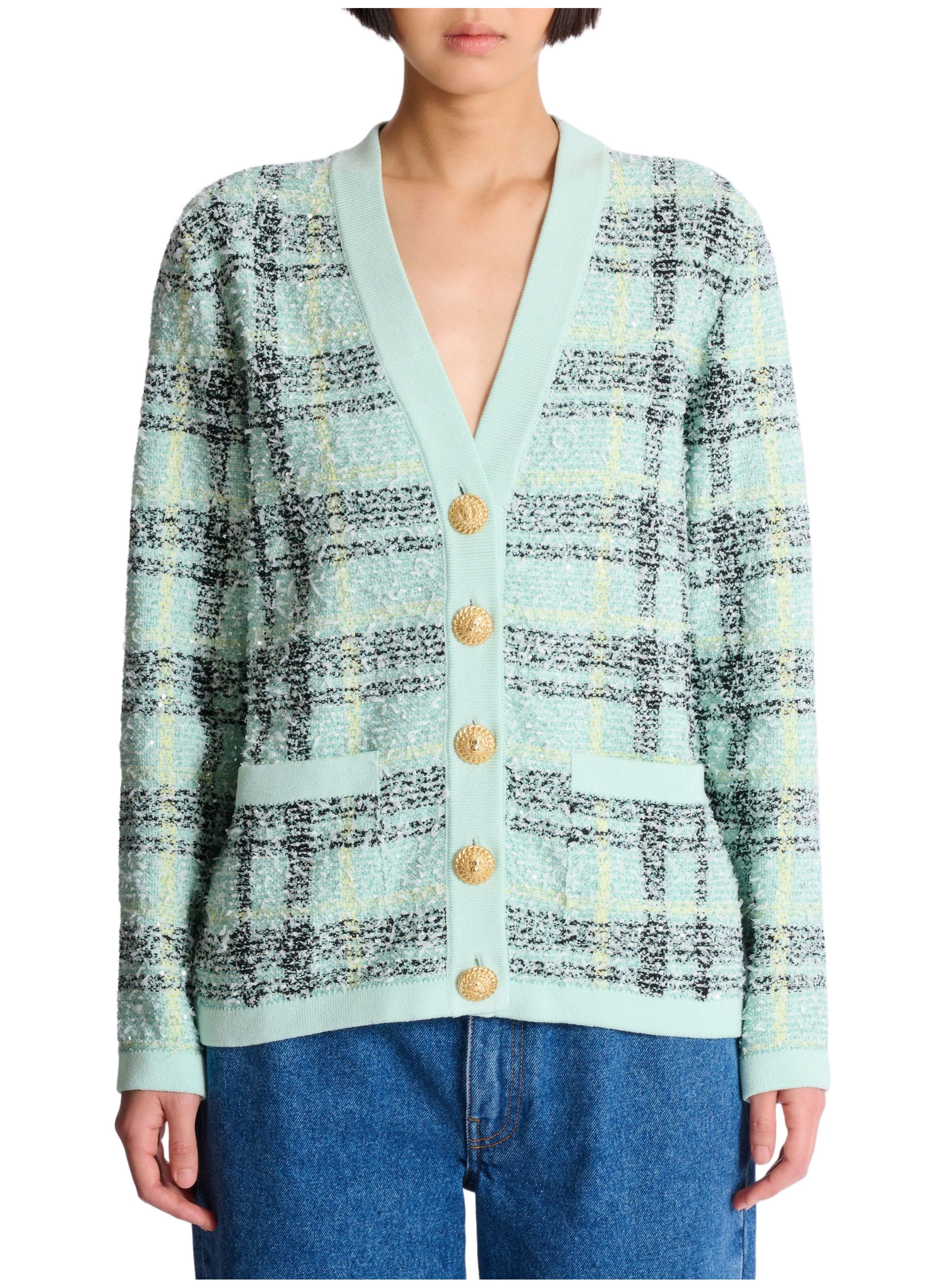 Cardigan loose en tweed à paillettes BALMAIN Vert