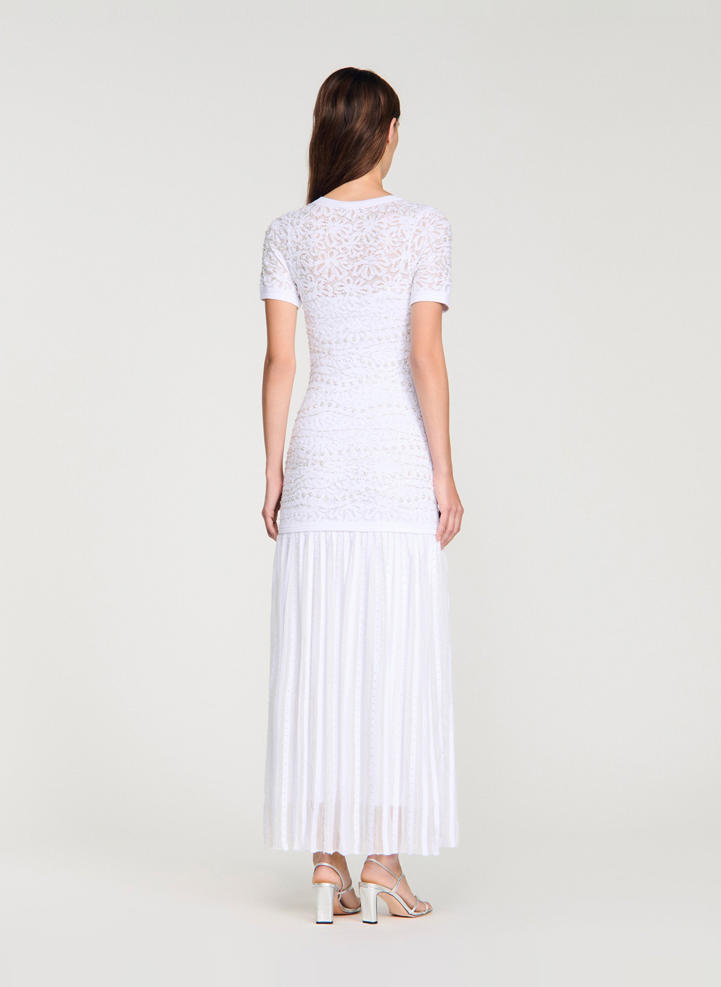 Robe longue col rond en dentelle SANDRO Blanc