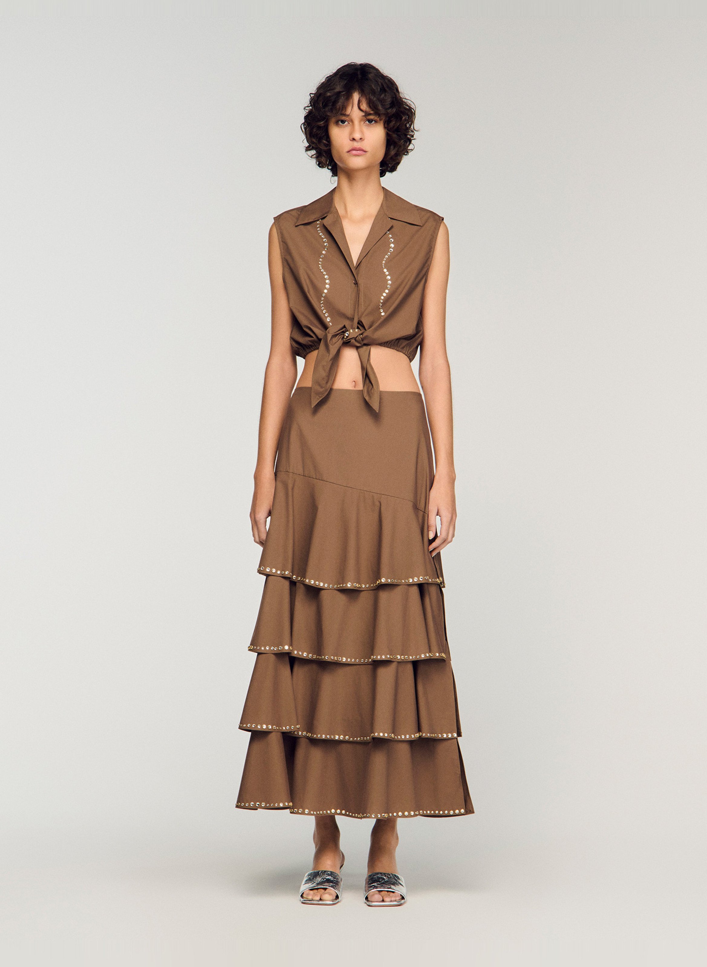 Jupe midi à volants SANDRO Marron