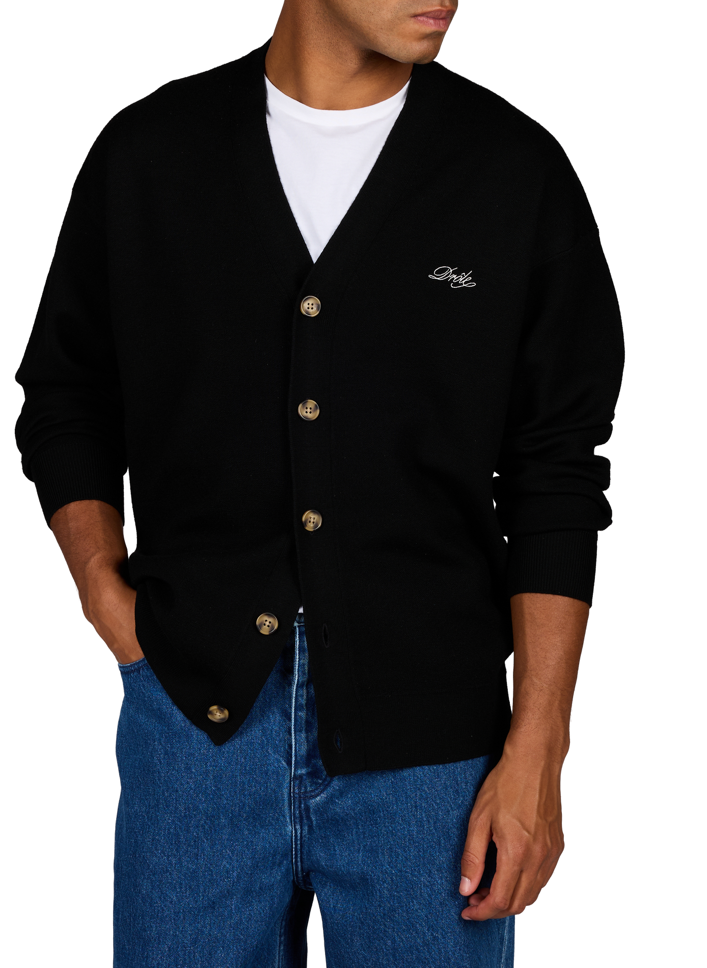 Cardigan ample col V brodé en laine mérinos DROLE DE MONSIEUR Noir