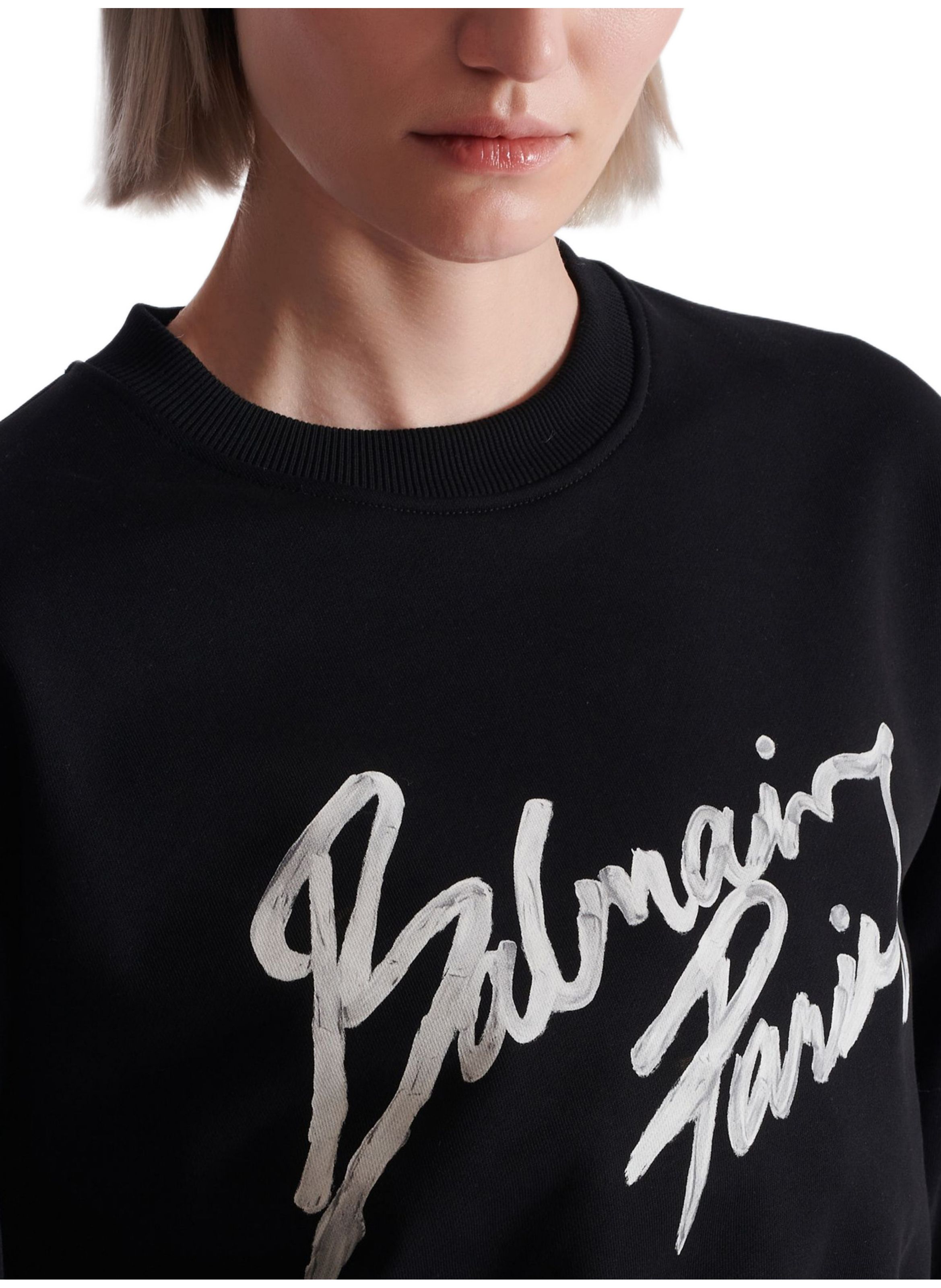 Sweatshirt court en coton à imprimé BALMAIN Noir