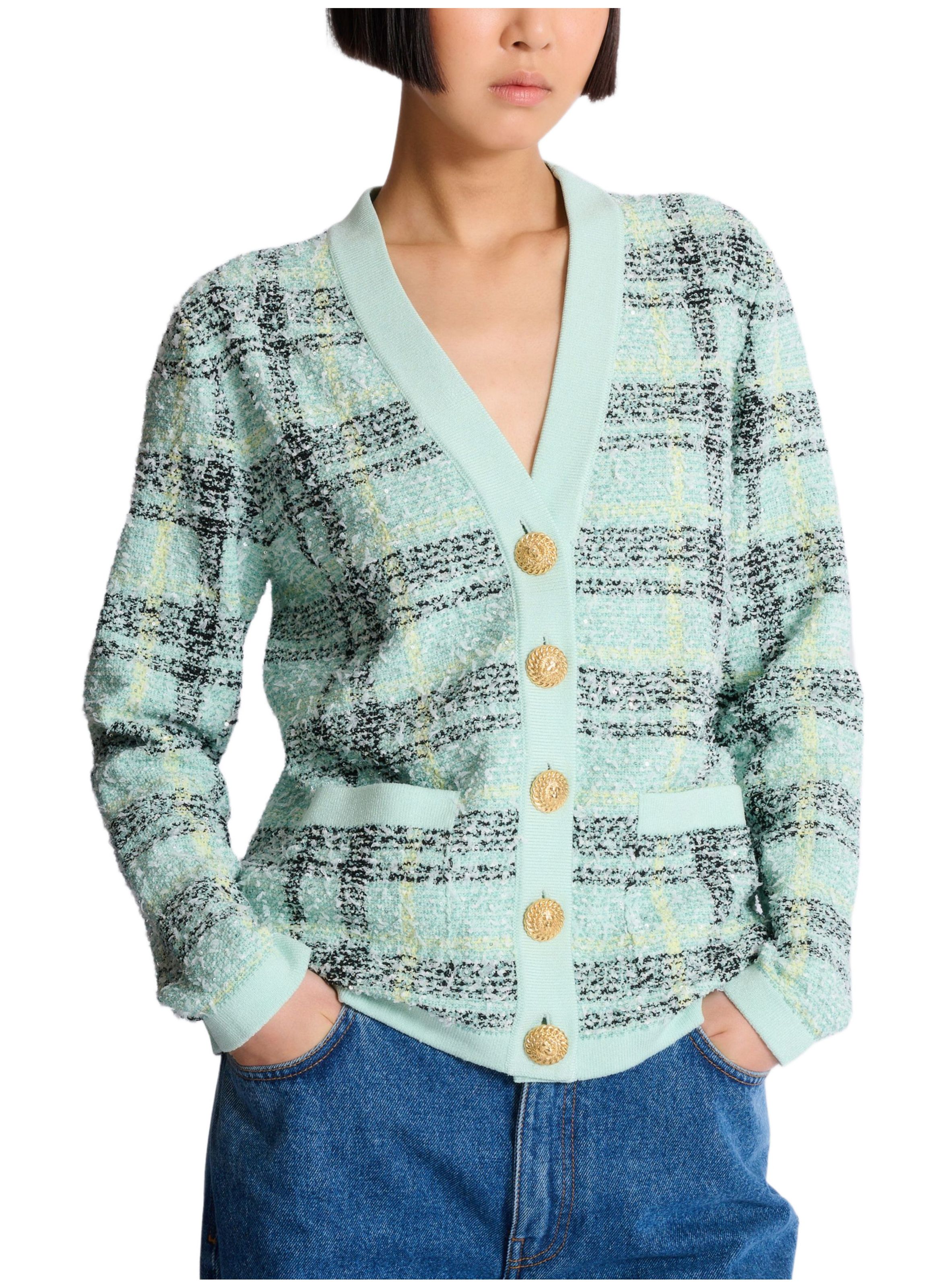 Cardigan loose en tweed à paillettes BALMAIN Vert
