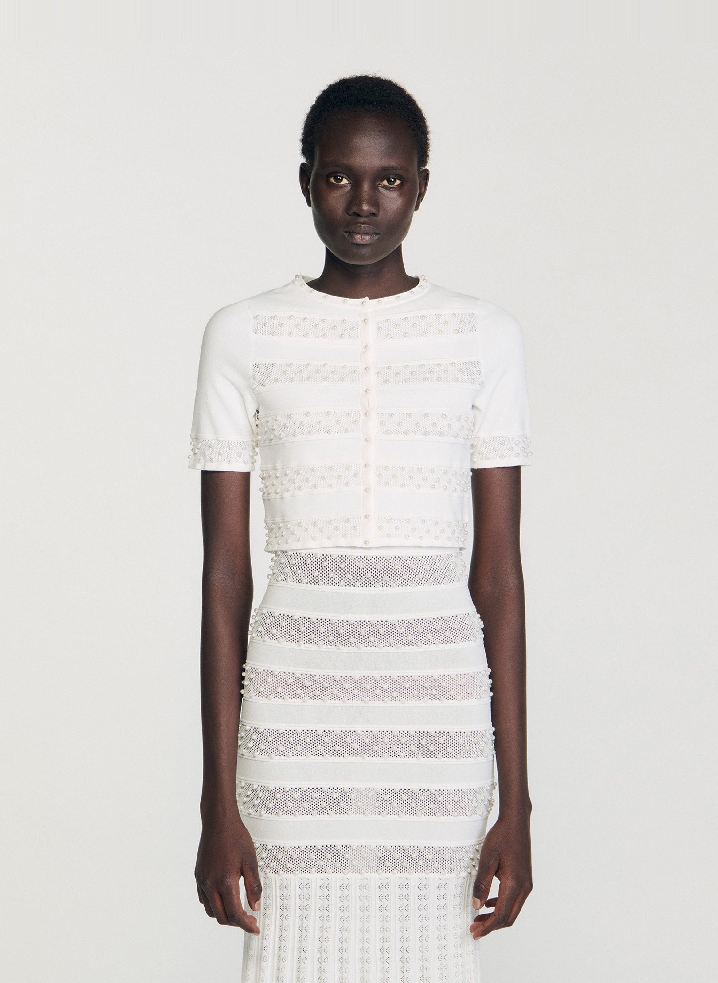 Cardigan court perlé col rond SANDRO Beige