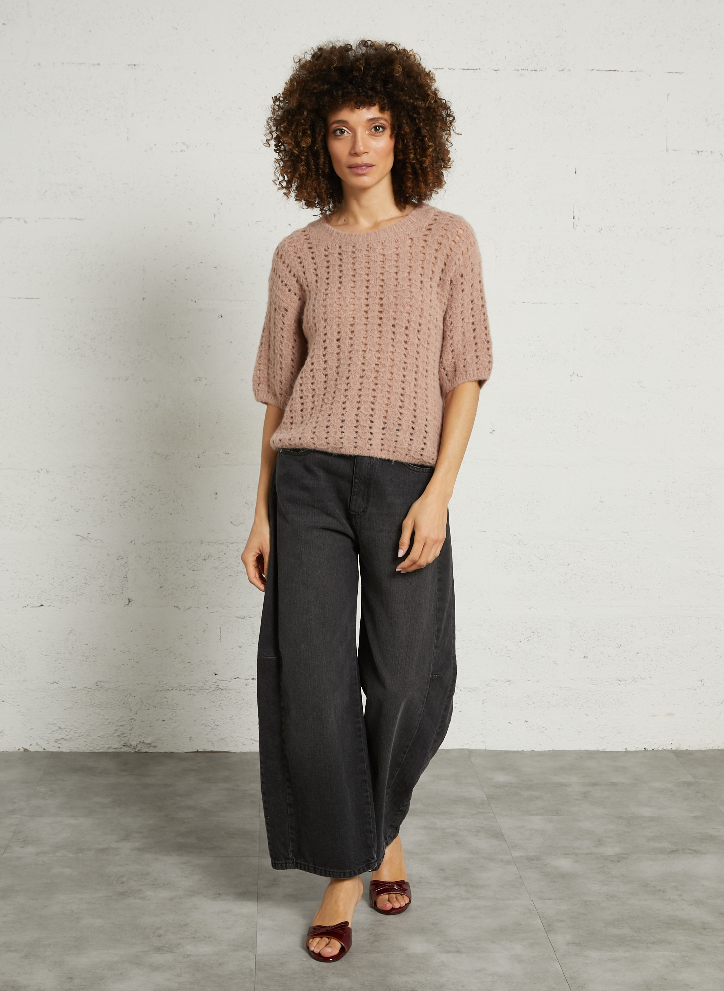 Pull ample col rond ajouré en alpaga mélangé prune MAISON 123 Rose
