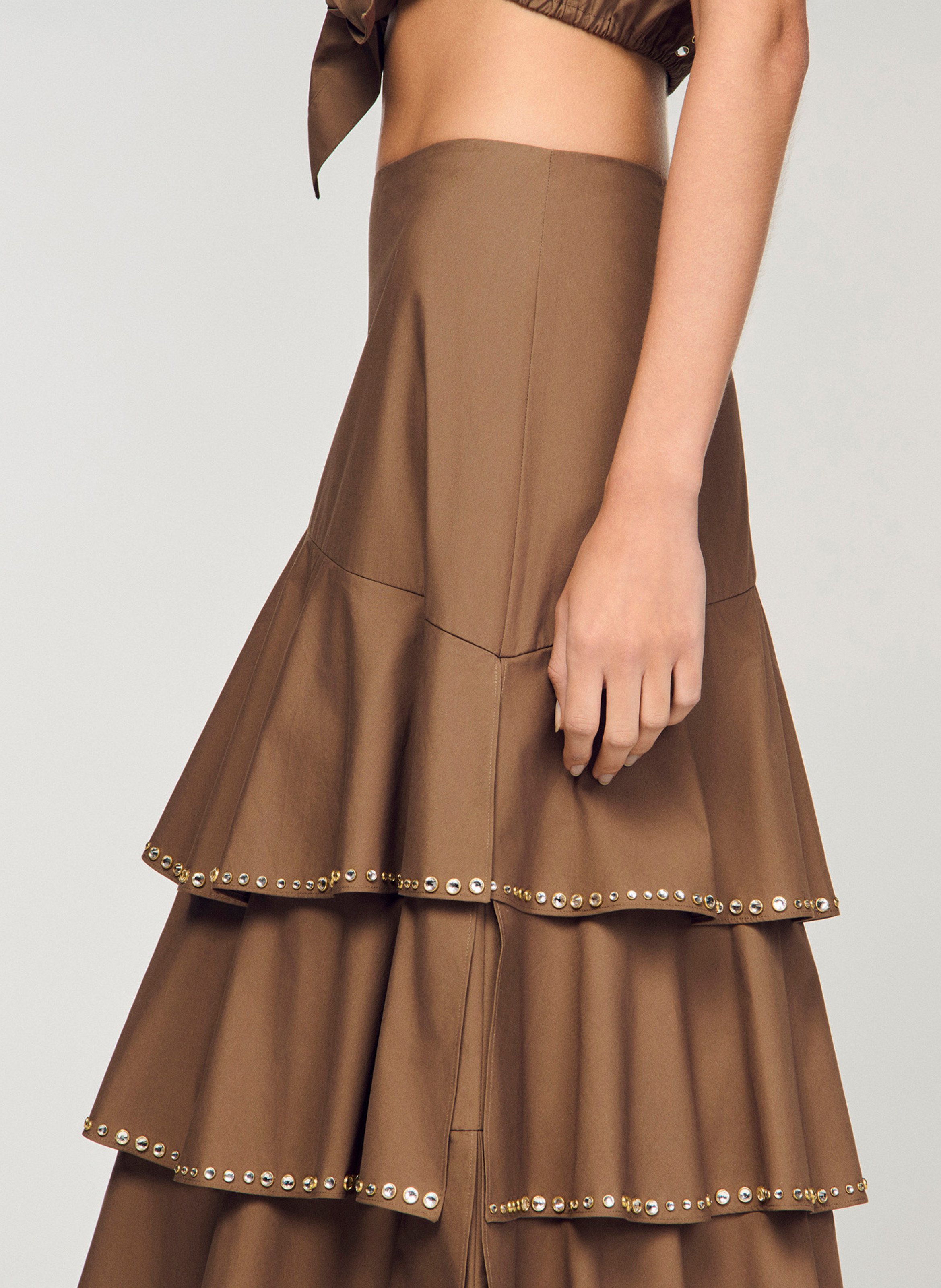 Jupe midi à volants SANDRO Marron