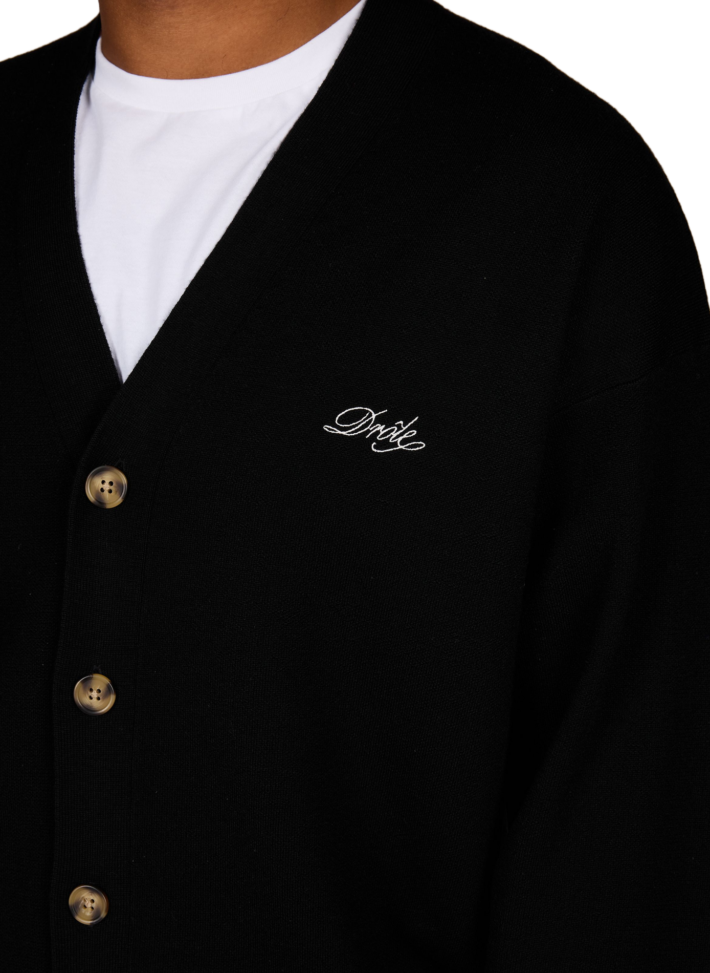 Cardigan ample col V brodé en laine mérinos DROLE DE MONSIEUR Noir