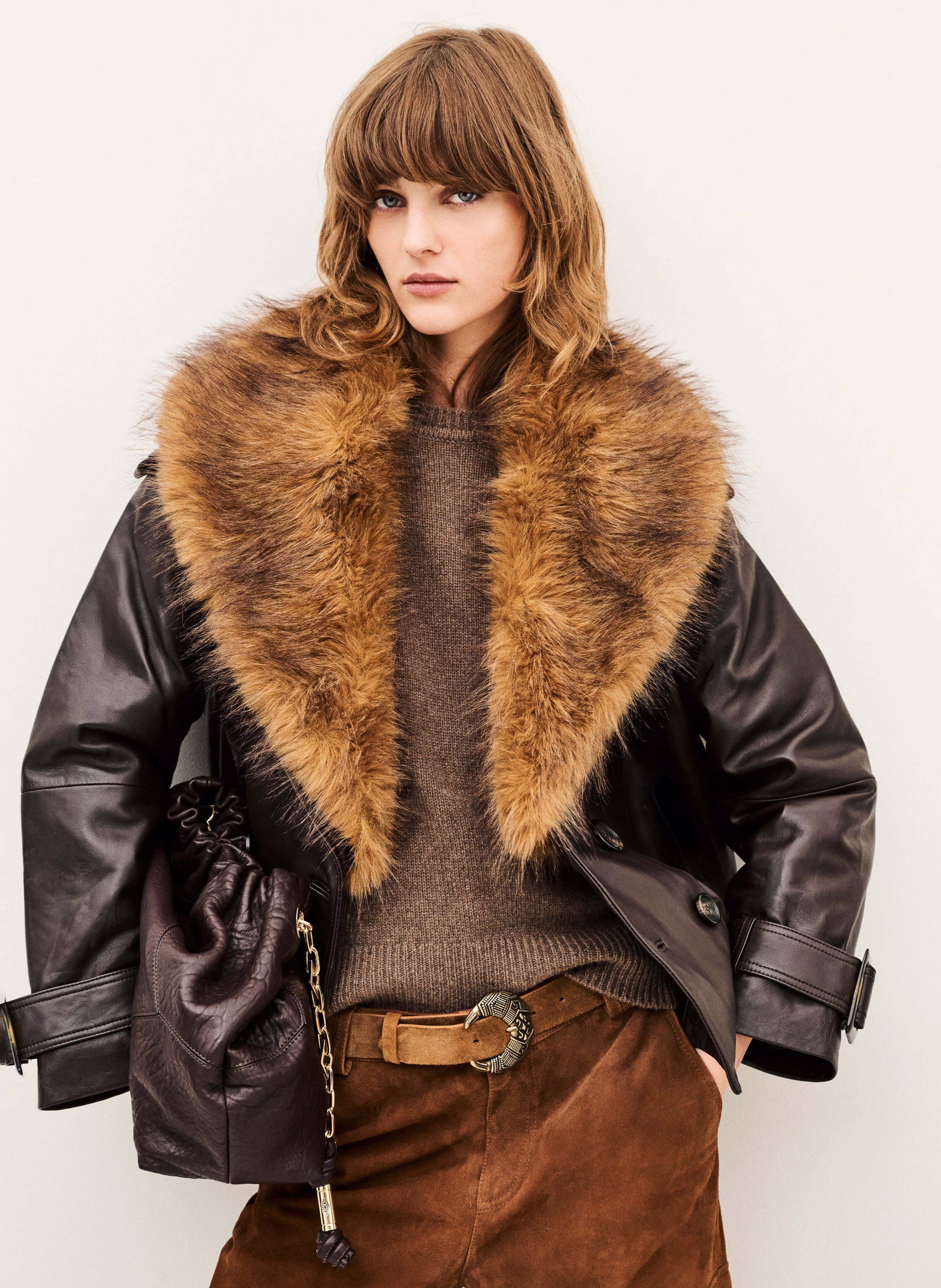 Manteau ample en cuir à col effet fourrure naho BA&SH Marron