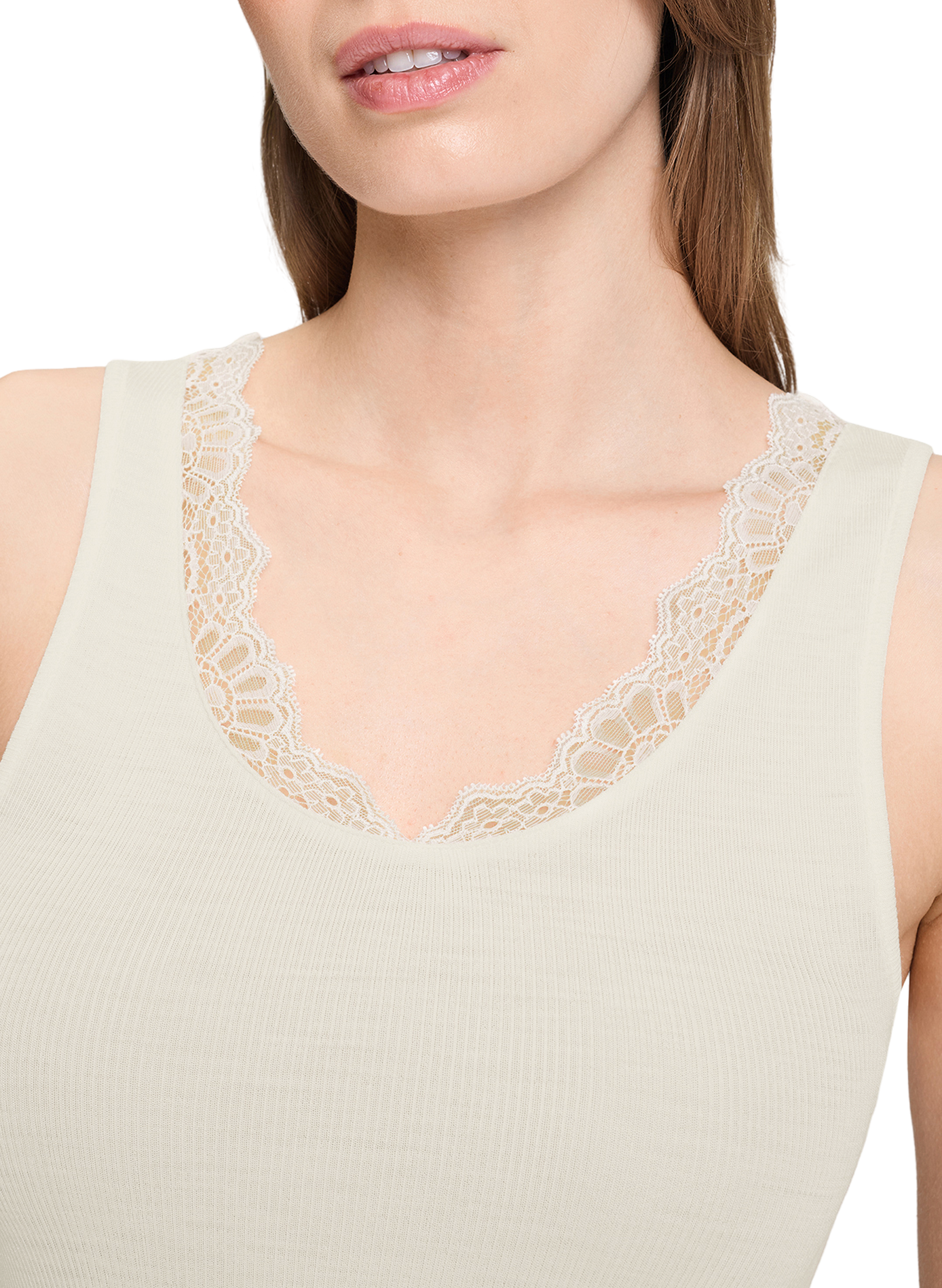 Fitted wool and silk lace-trimmed crew-neck tank top HANRO White