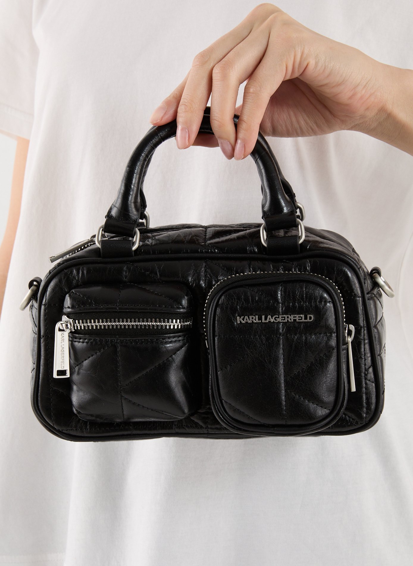 Sac à main matelassé avec bandoulière amovible en cuir KARL LAGERFELD Noir