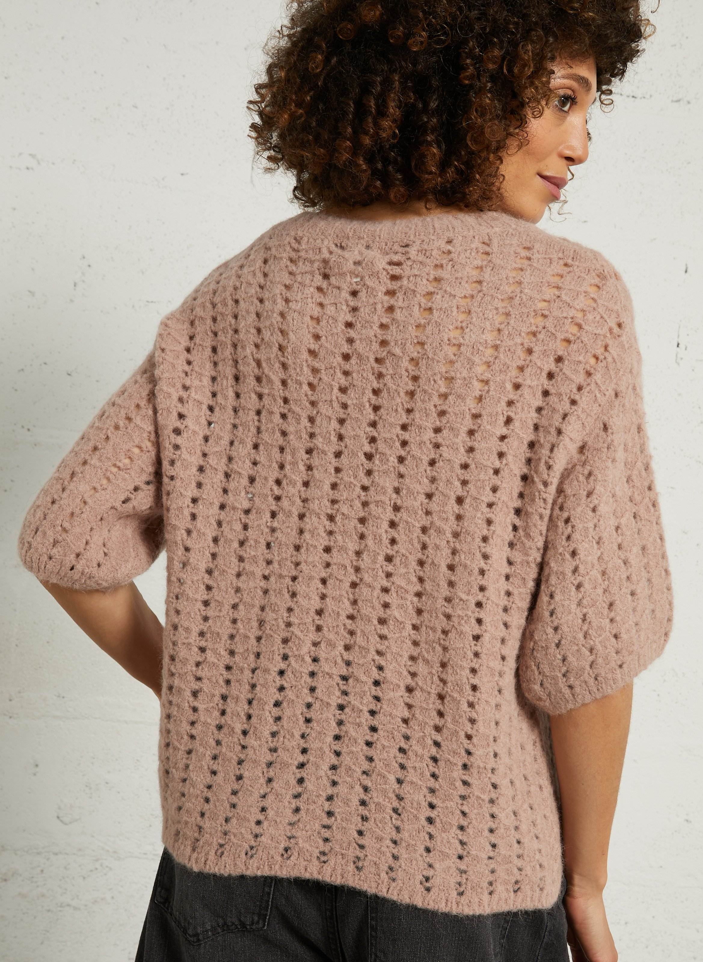 Pull ample col rond ajouré en alpaga mélangé prune MAISON 123 Rose