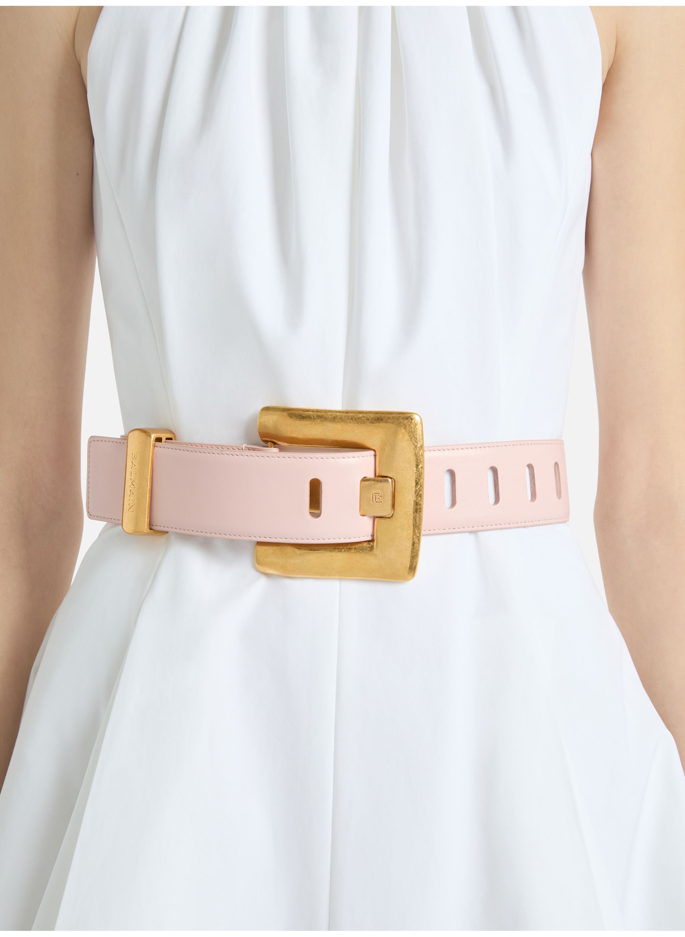 Ceinture anthem en cuir lisse BALMAIN Rose