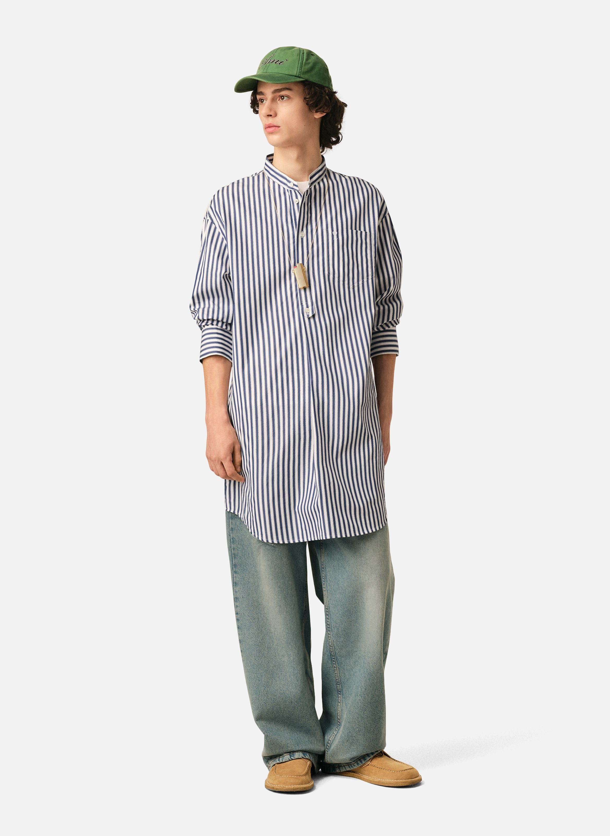 Robe tunique unisexe en coton col mao AMI PARIS Bleu