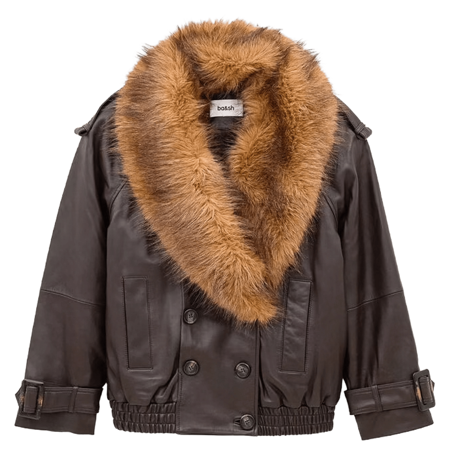 Manteau ample en cuir à col effet fourrure naho BA&SH Marron