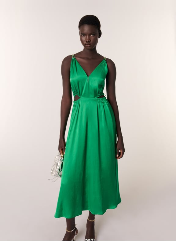 Robe midi col v satinée Vert by MAJE MAJE Robe midi col v satinée Vert