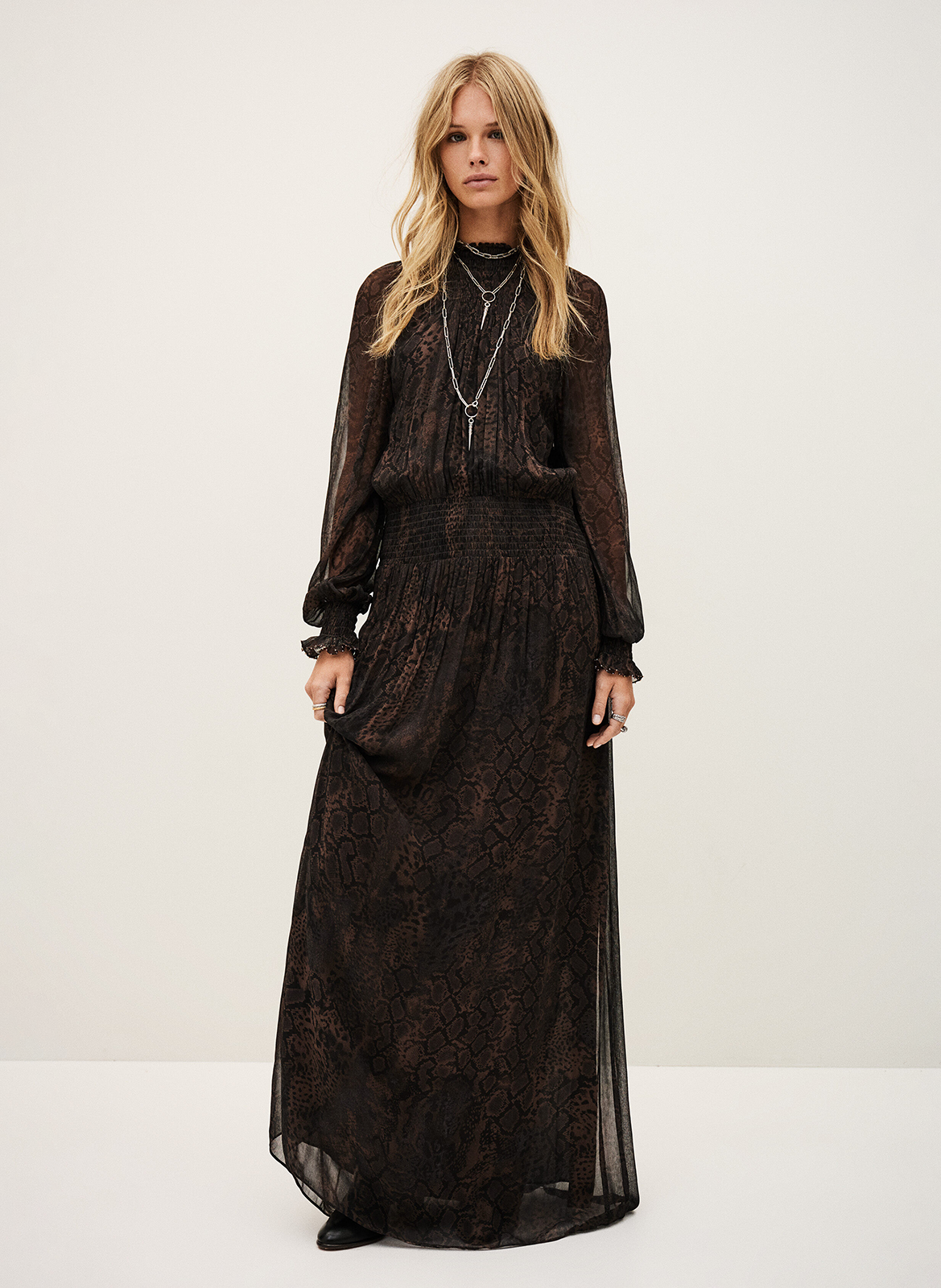 BA&SH Robe longue col montant imprimée smoky Marron