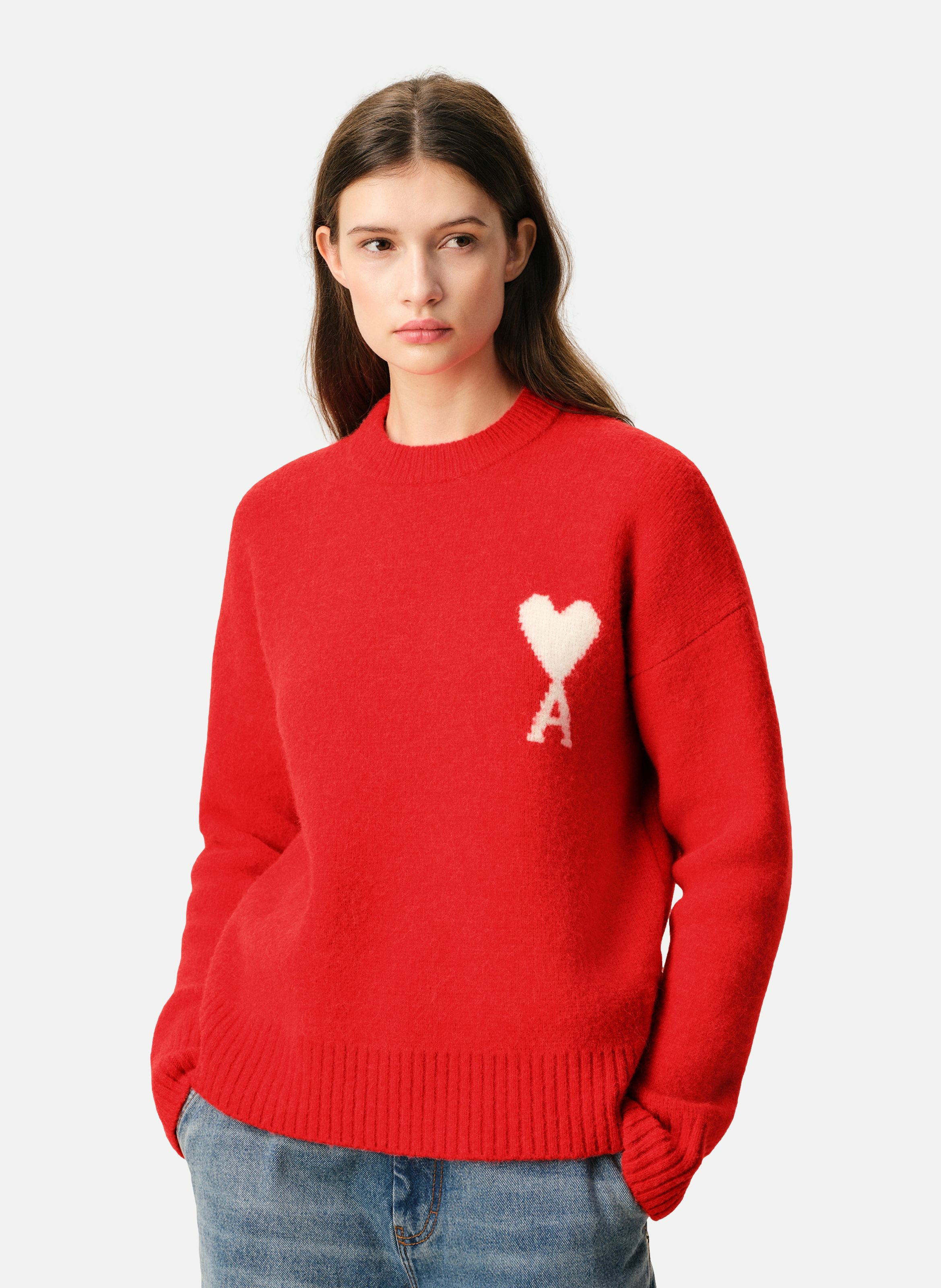 Pull col rond ami de coeur en alpaga unisexe AMI PARIS Rouge