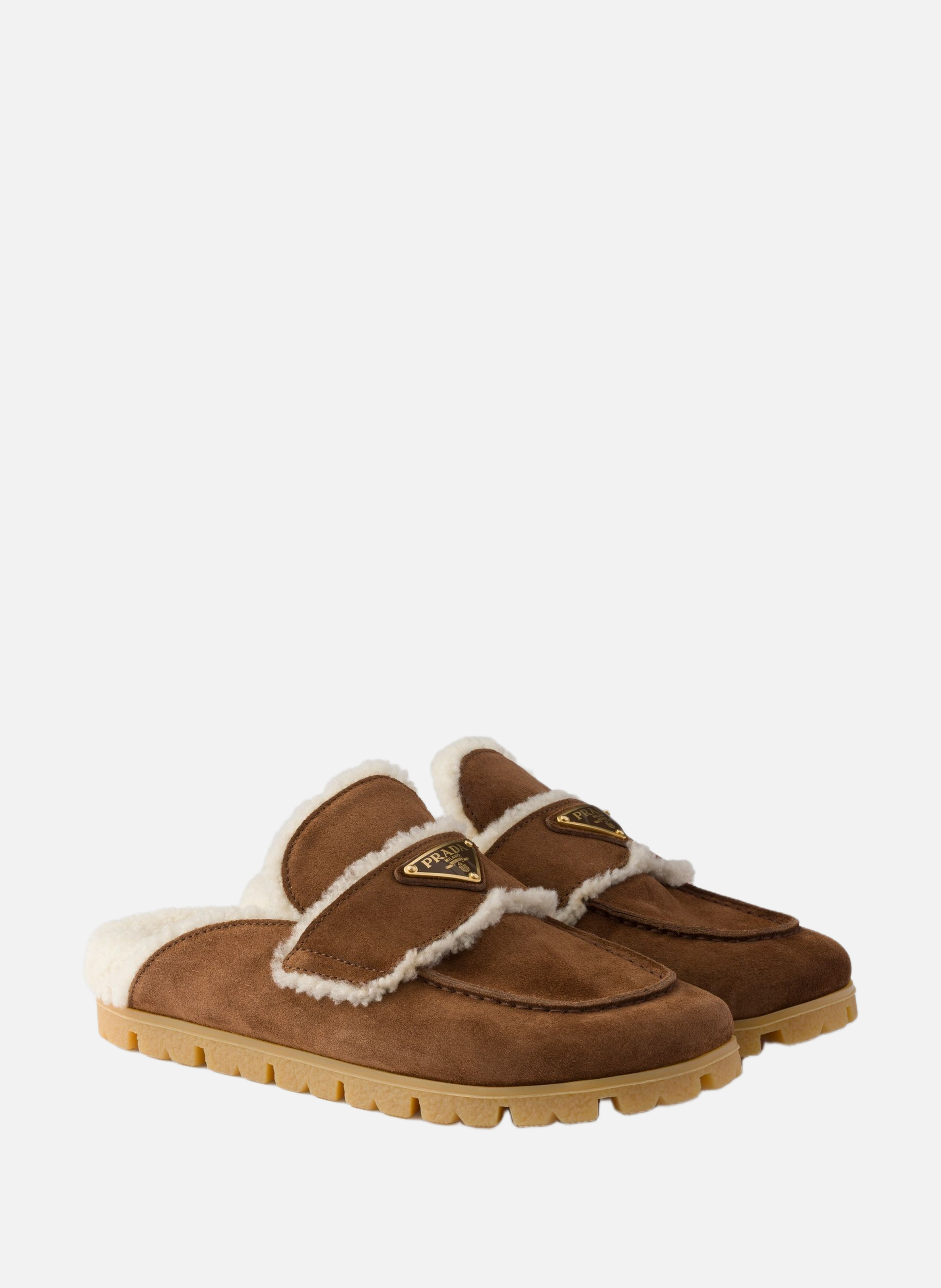 Mules en veau velours et peau de mouton PRADA Marron