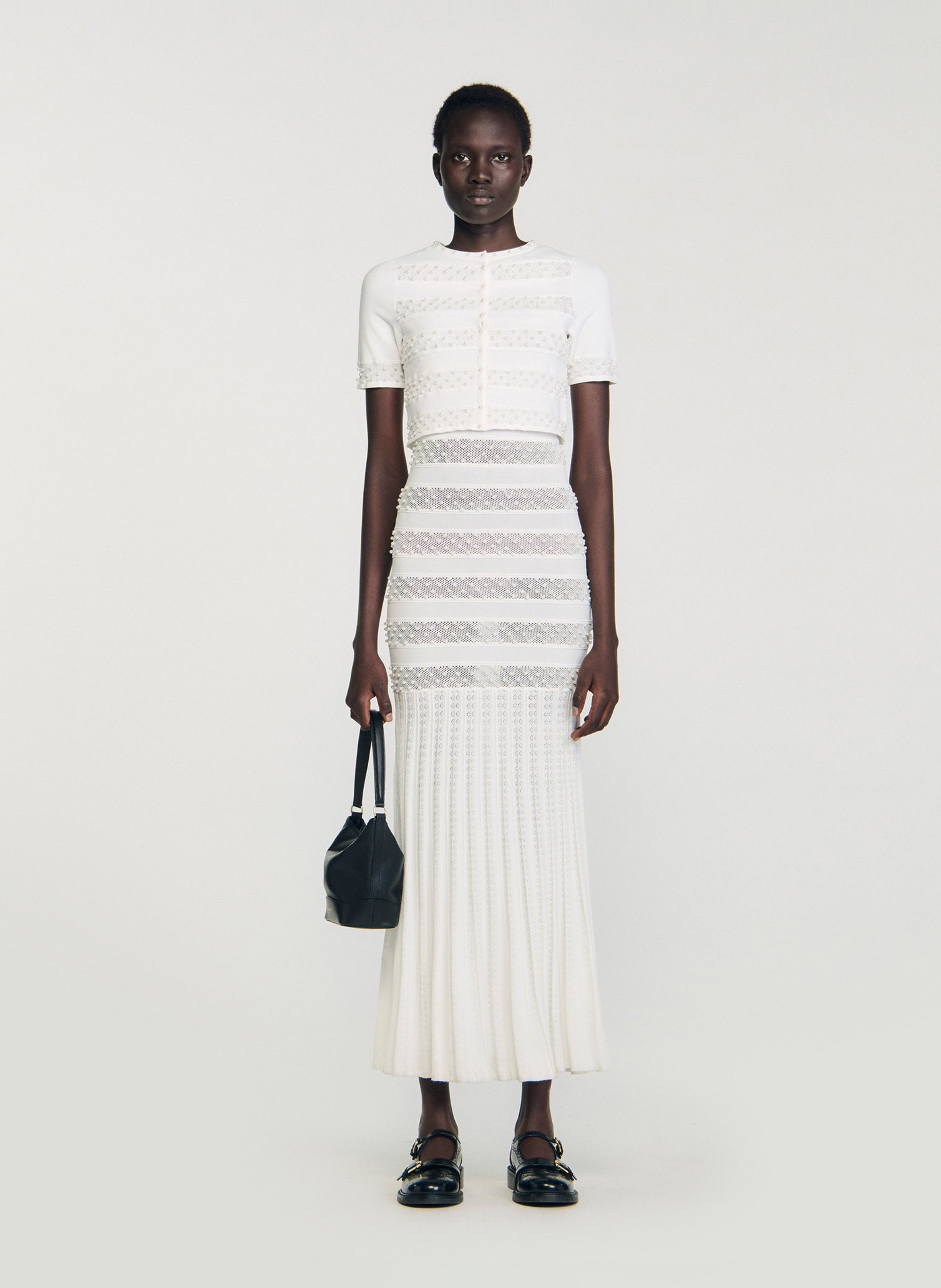 Cardigan court perlé col rond SANDRO Beige