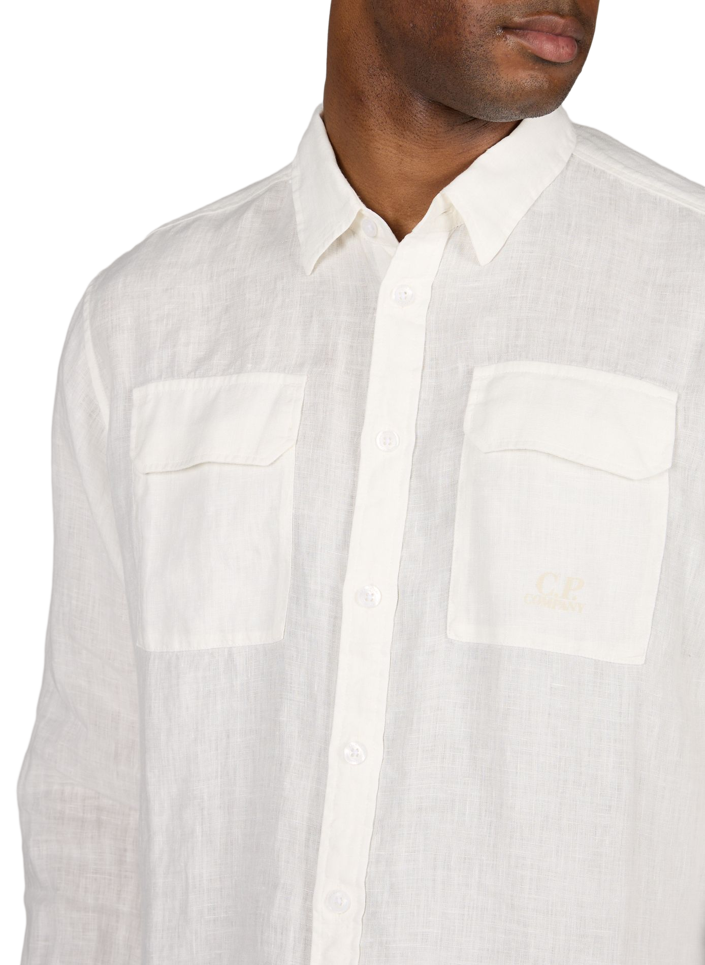 Chemise unie à poches à rabat avec logo imprimé en lin CP COMPANY Blanc