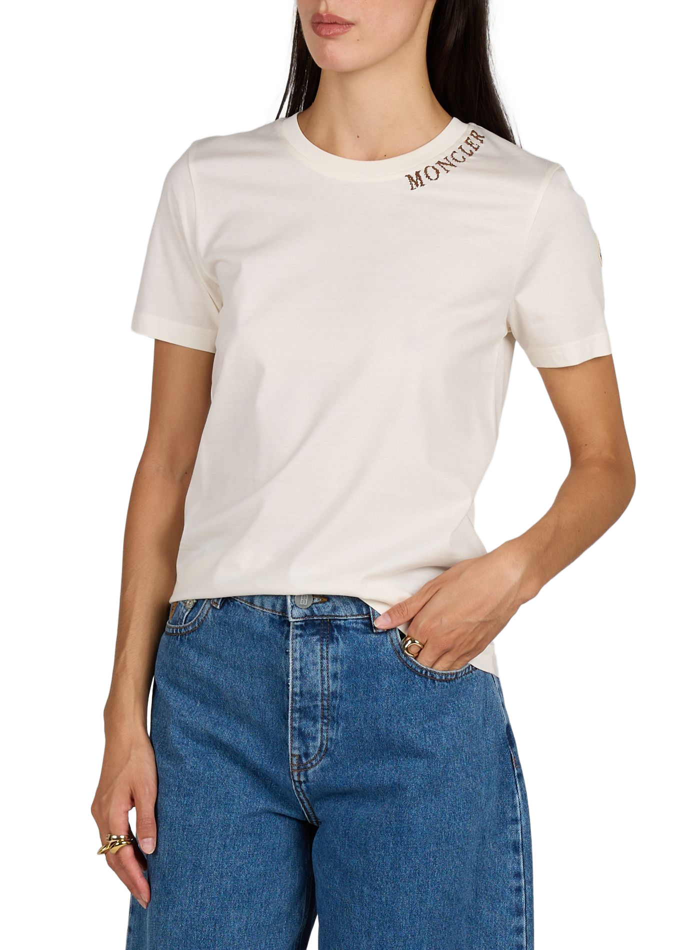 T-shirt uni à logo brodé au col en coton MONCLER Blanc