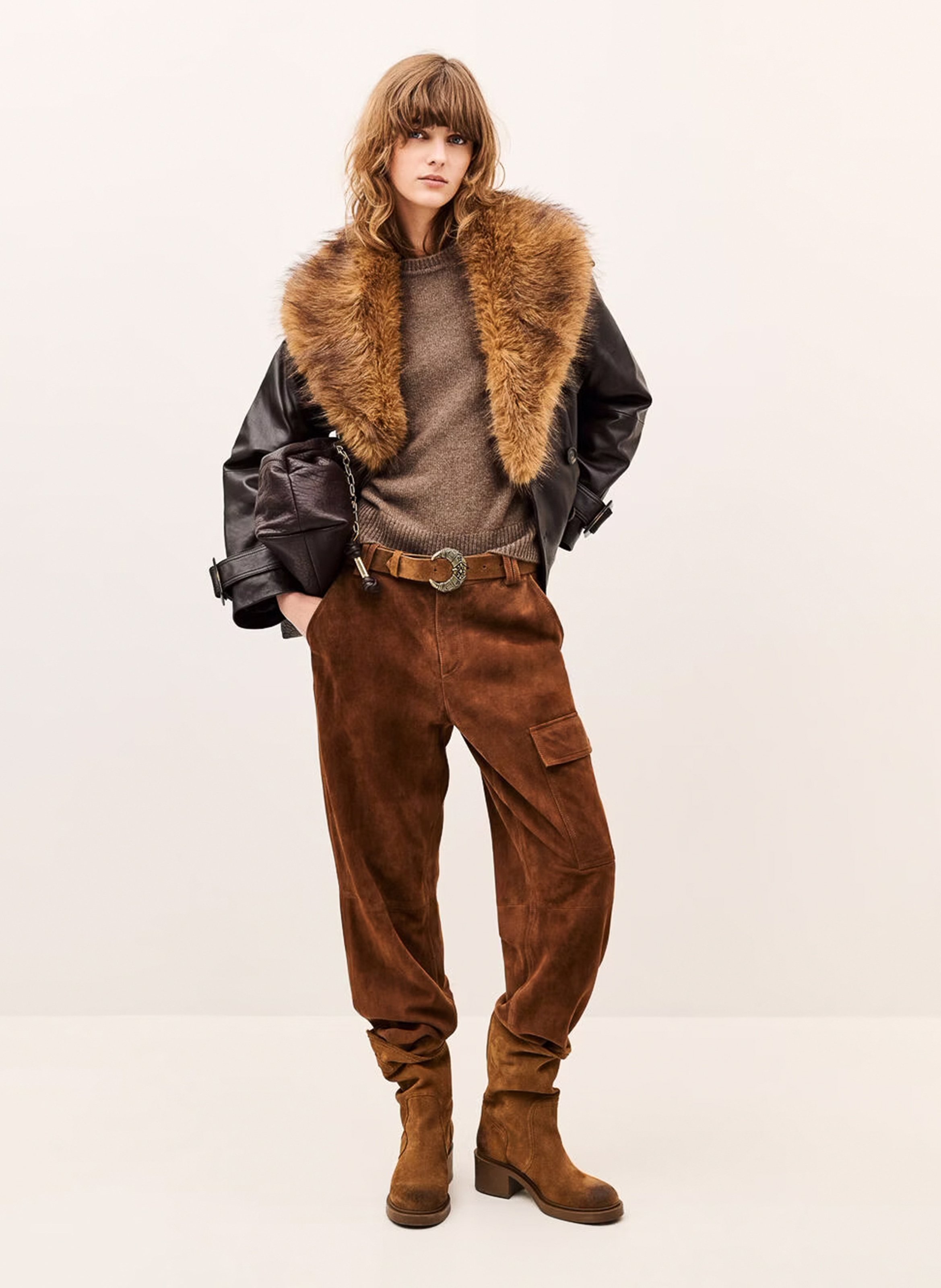 Manteau ample en cuir à col effet fourrure naho BA&SH Marron