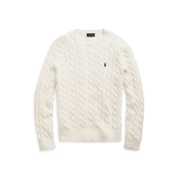Polo Ralph Lauren White Cable Knit Crewneck Sweater With Pony Embroidery On The Front In Wool And Cashmere Man In Neutral