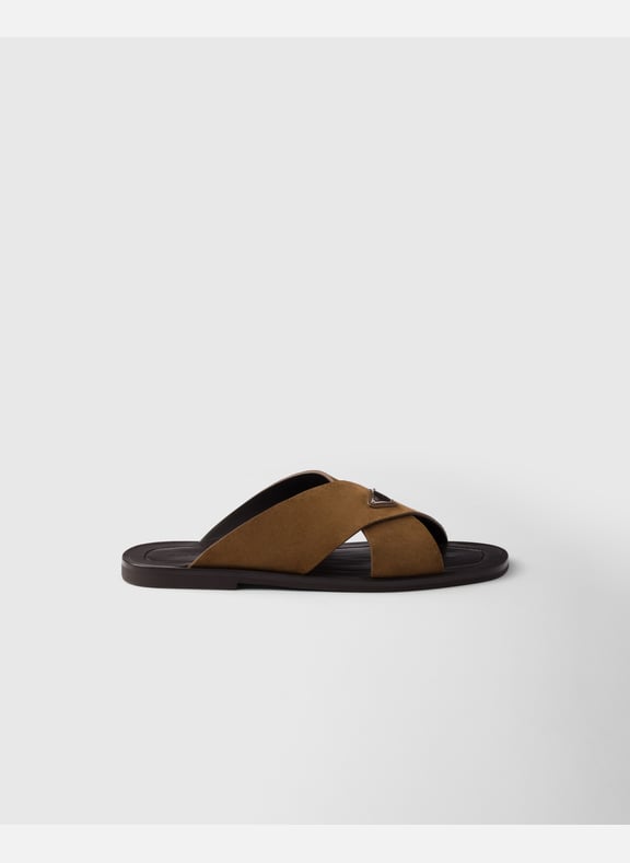 Mules à lanières croisées en veau velours Marron by PRADA PRADA Mules à lanières croisées en veau velours Marron