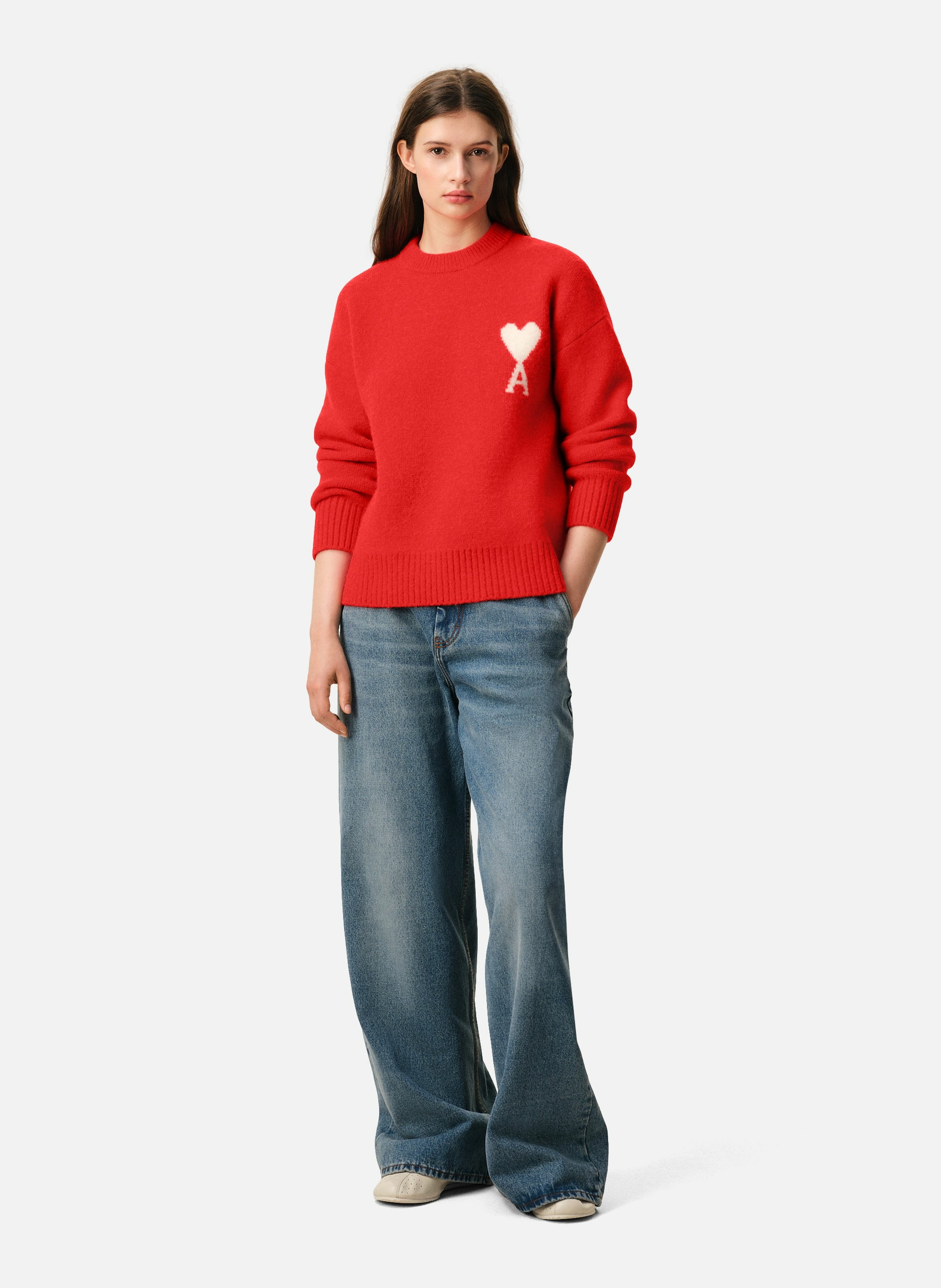 Pull col rond ami de coeur en alpaga unisexe AMI PARIS Rouge