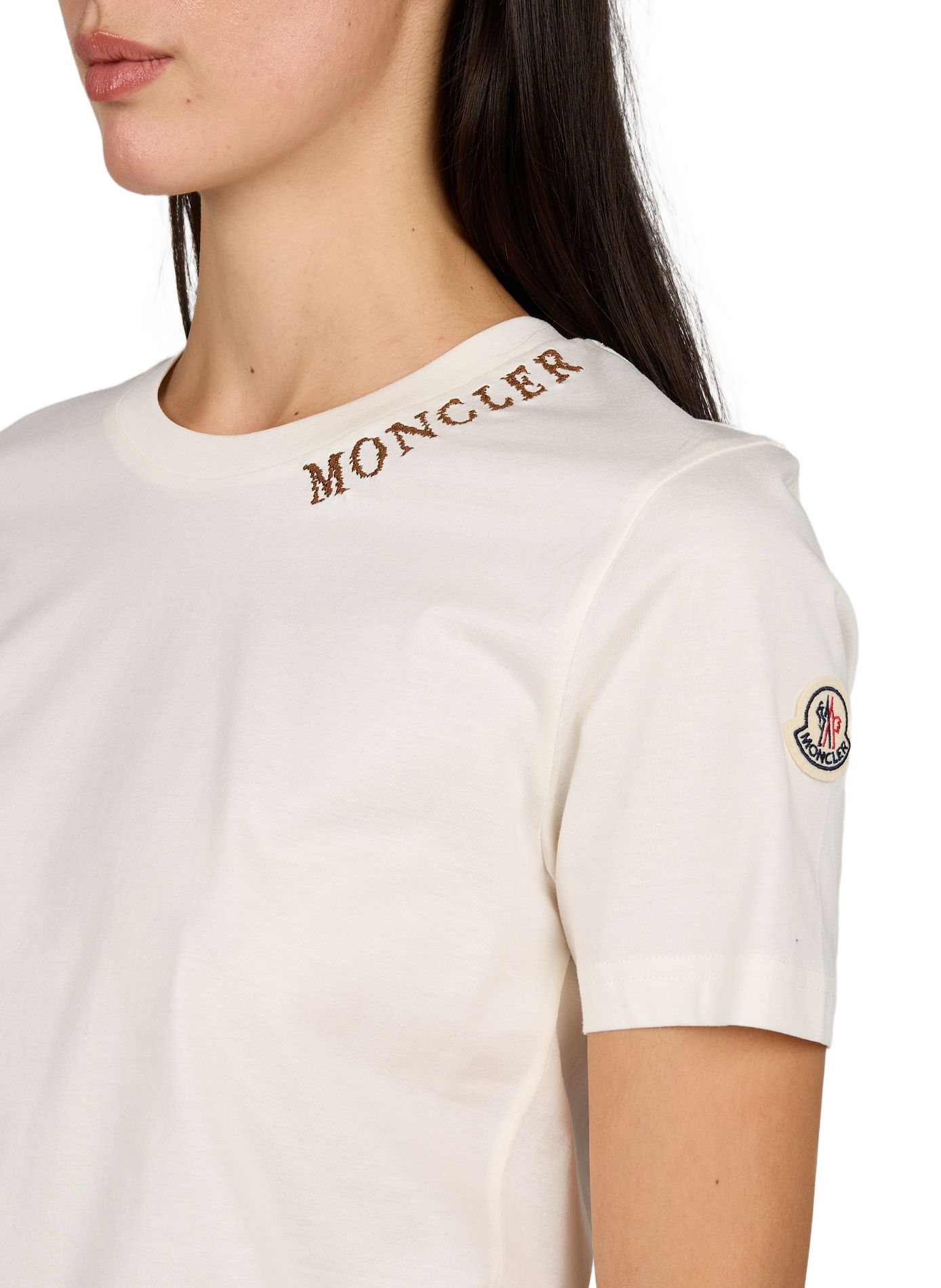 T-shirt uni à logo brodé au col en coton MONCLER Blanc
