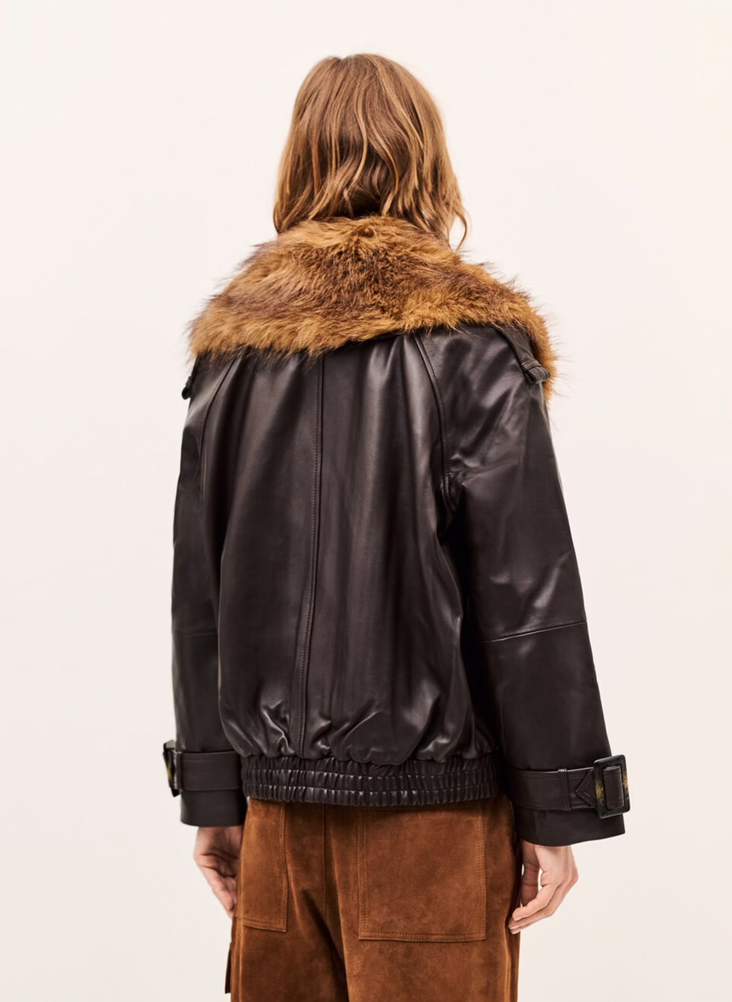 Manteau ample en cuir à col effet fourrure naho BA&SH Marron