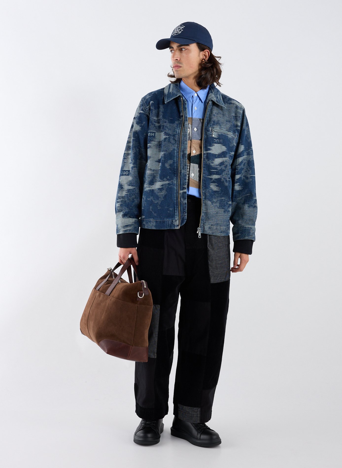 Oversized cotton denim jacquard jacket HUGO BLUE Blue