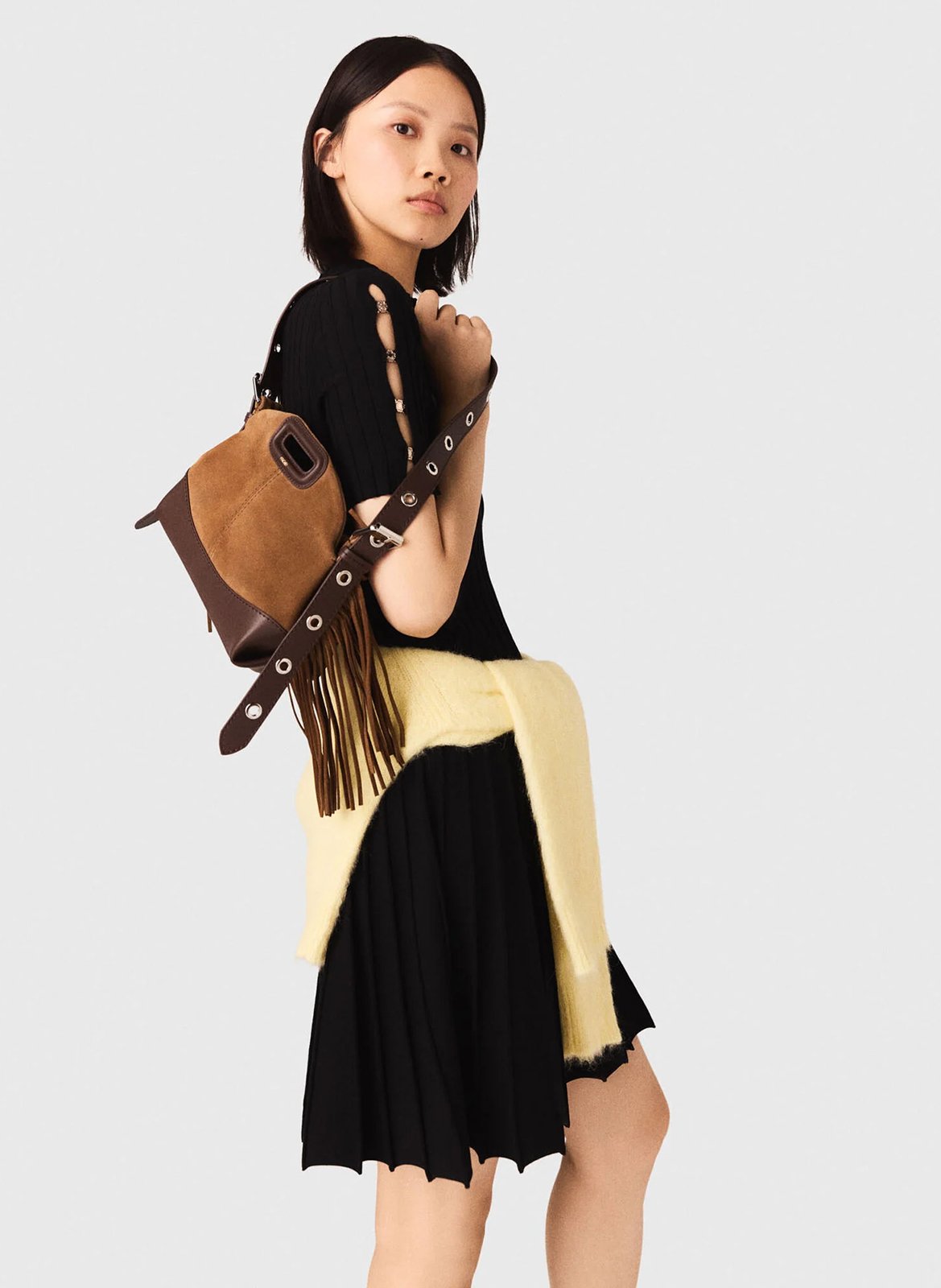 Sac bandoulière à franges bi matière miss m mini MAJE Marron