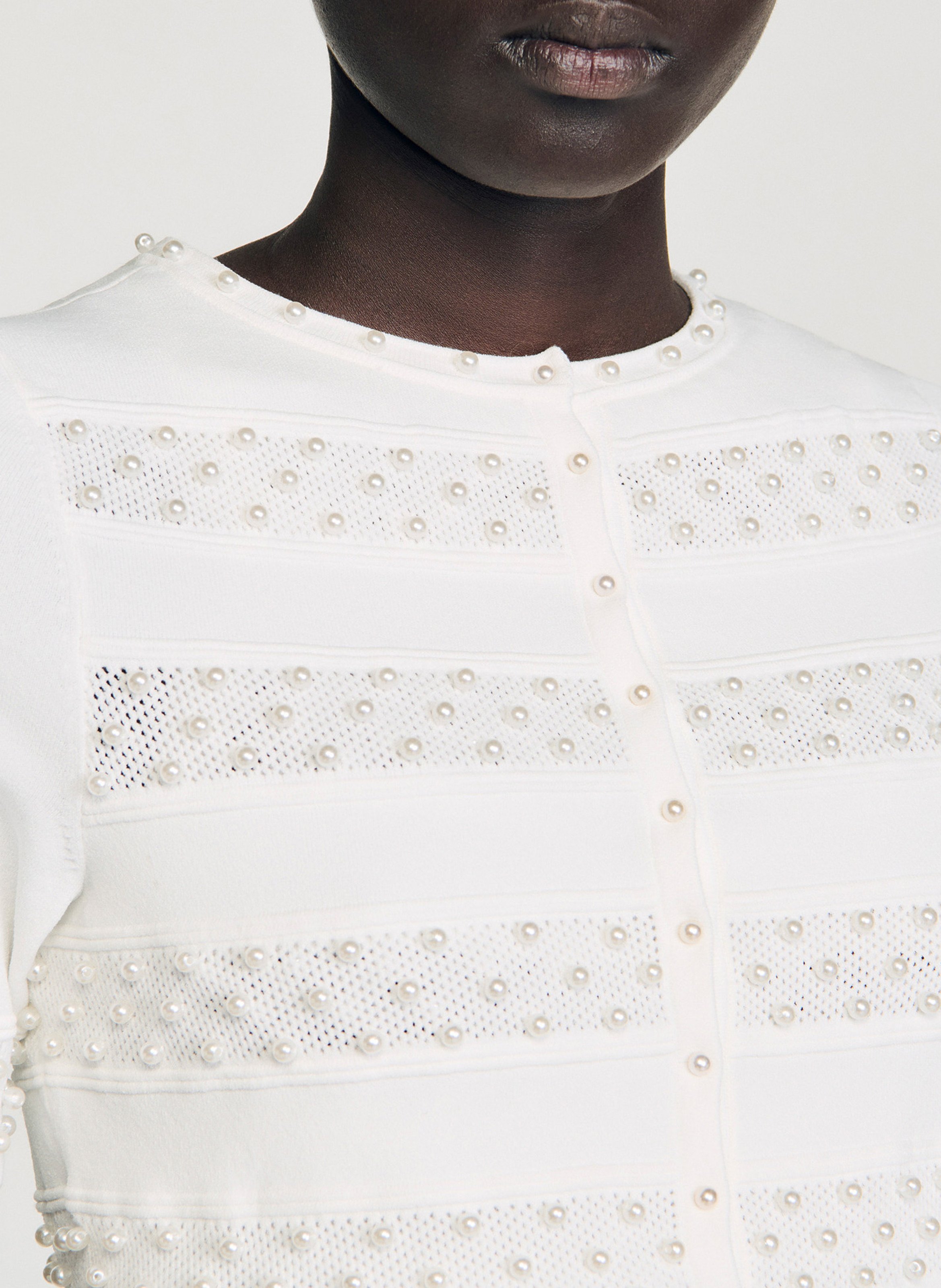 Cardigan court perlé col rond SANDRO Beige