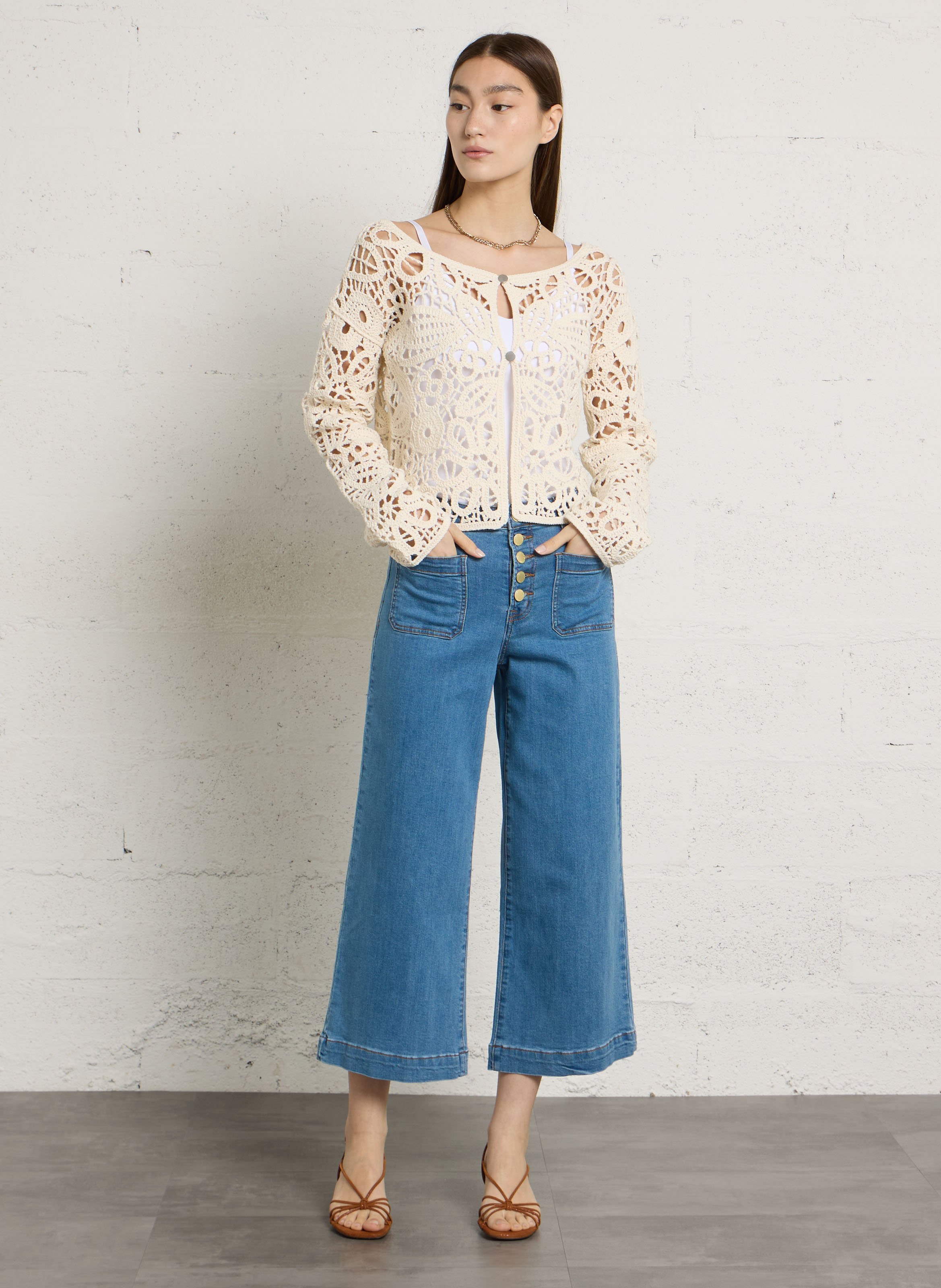 Cardigan droit col rond en coton mélangé IKKS Blanc