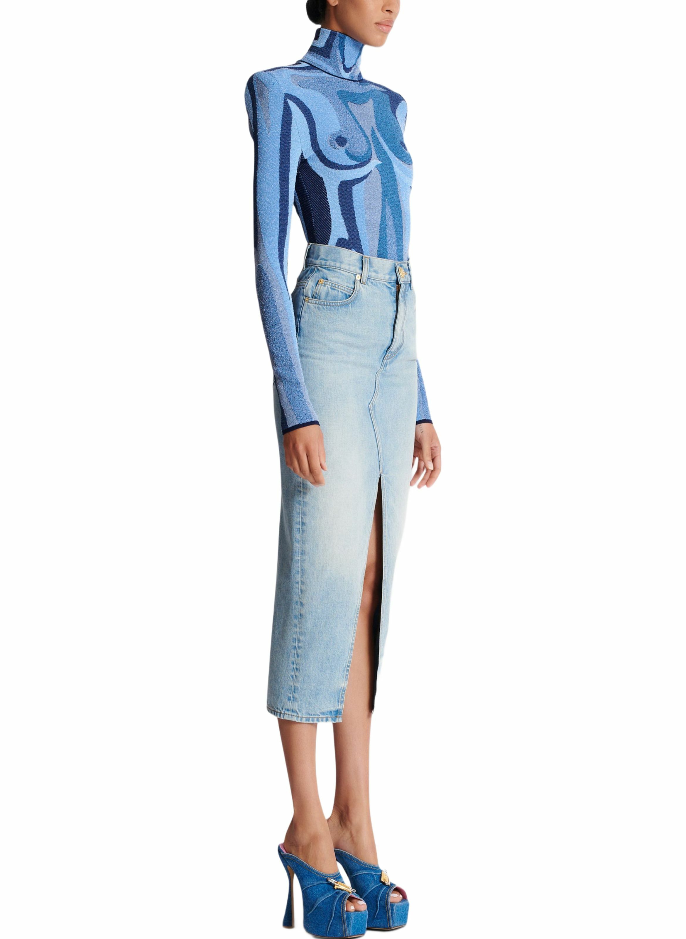 Jupe midi en denim BALMAIN Bleu