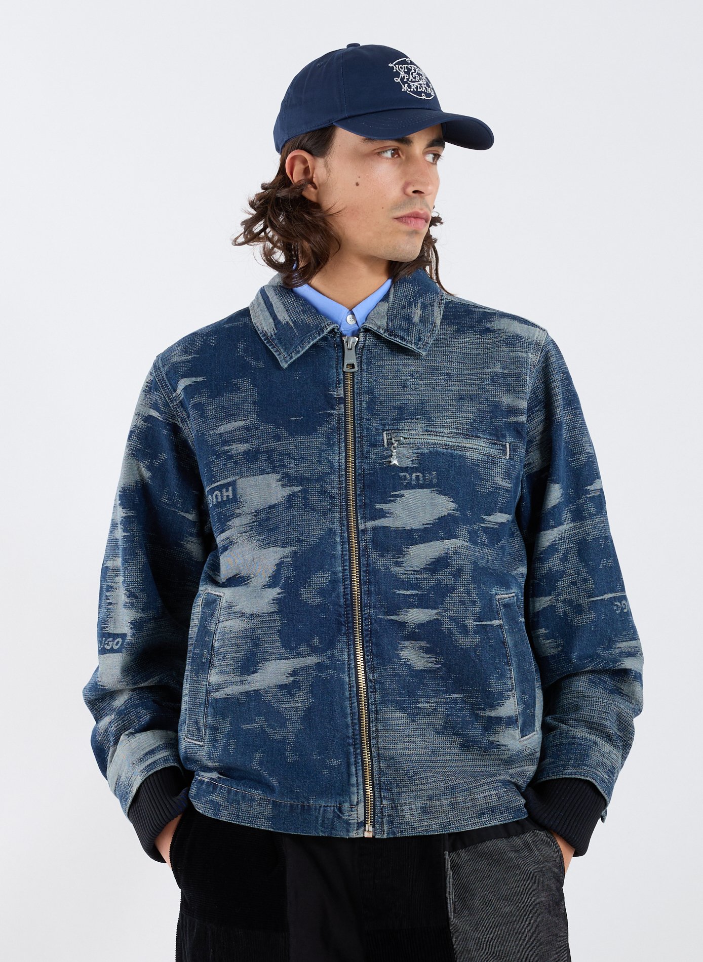 HUGO BLUE Oversized cotton denim jacquard jacket Blue