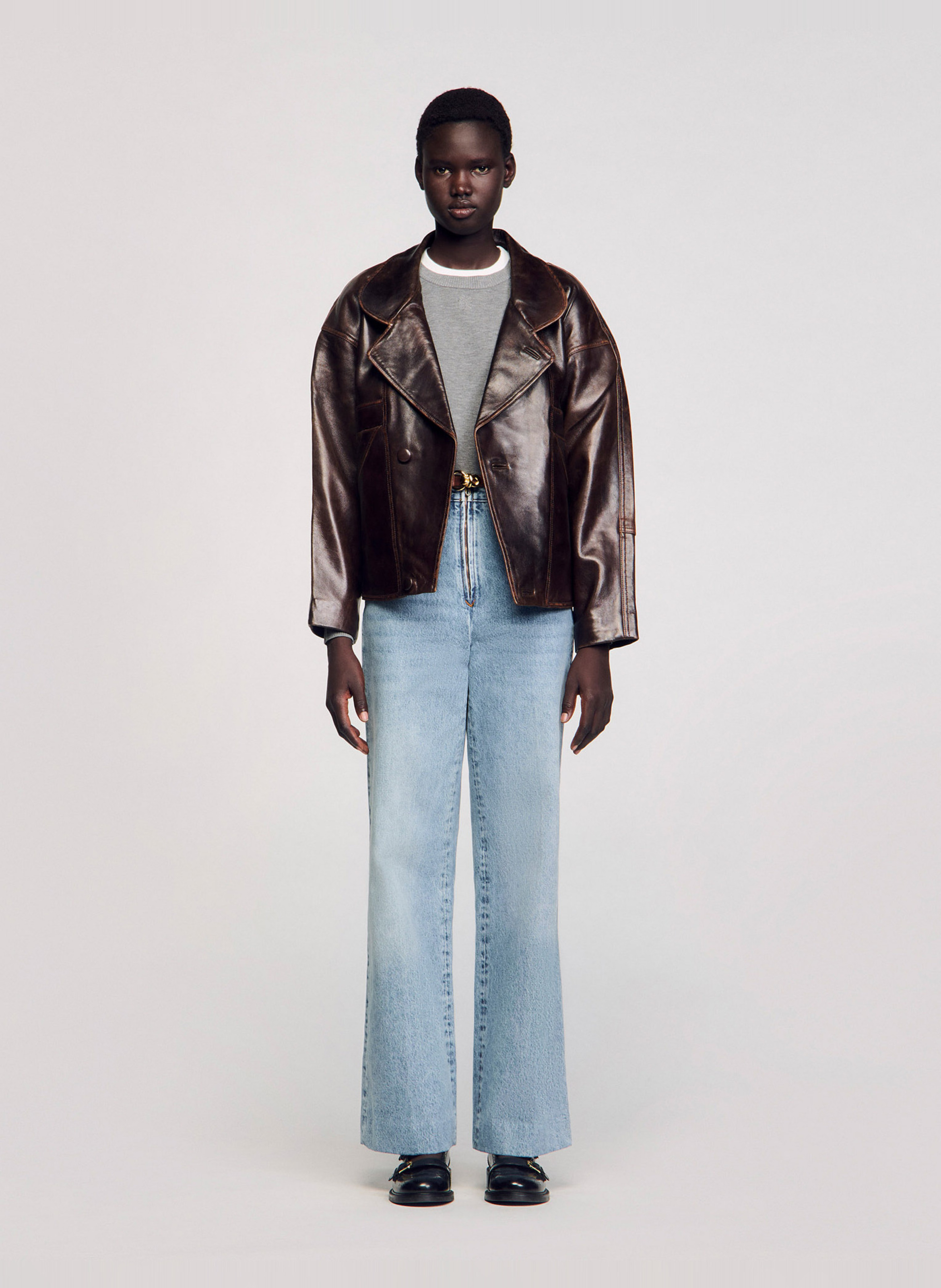 Veste col tailleur en cuir SANDRO Marron