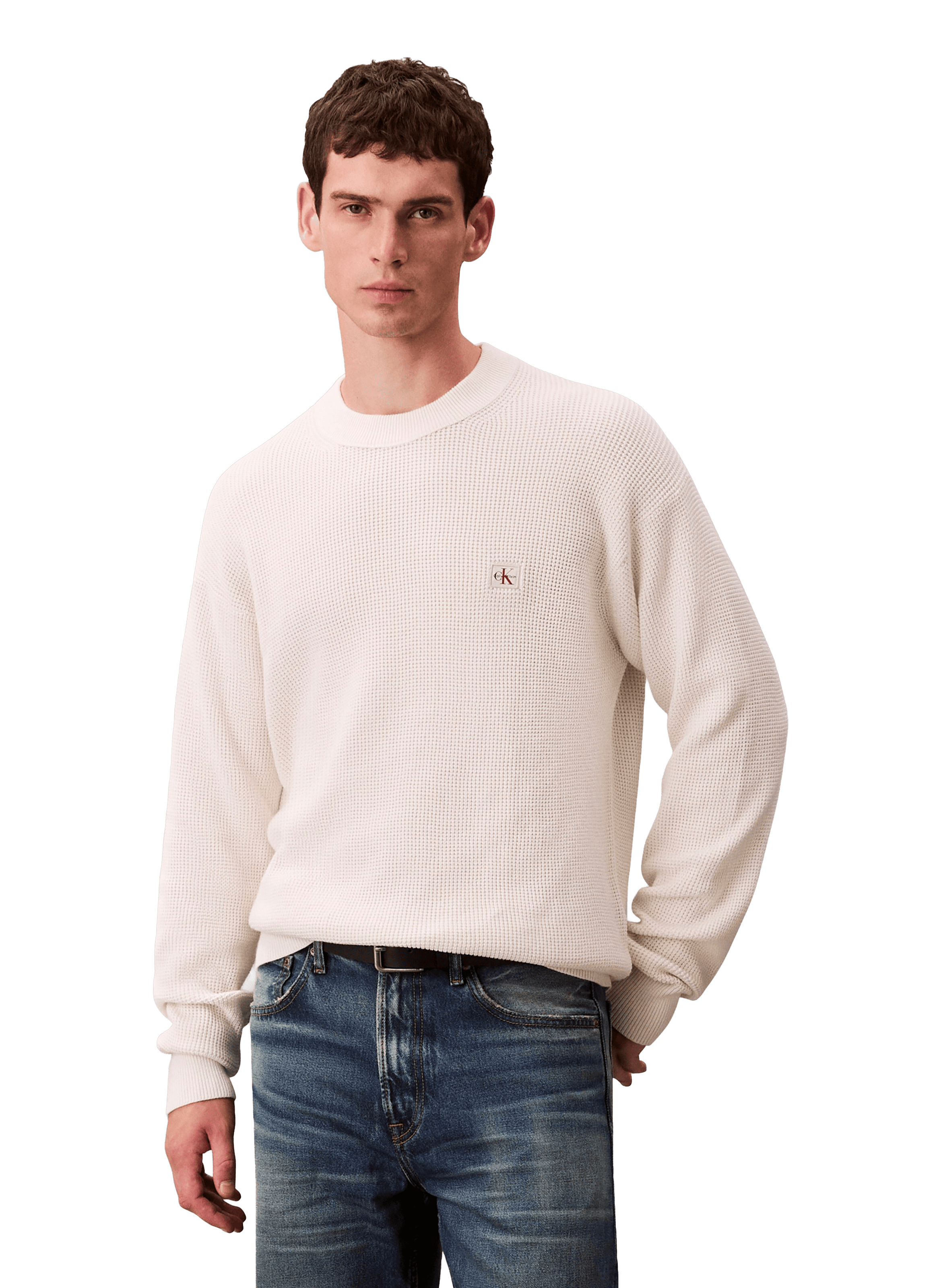 CALVIN KLEIN Straight round neck cotton sweater Beige