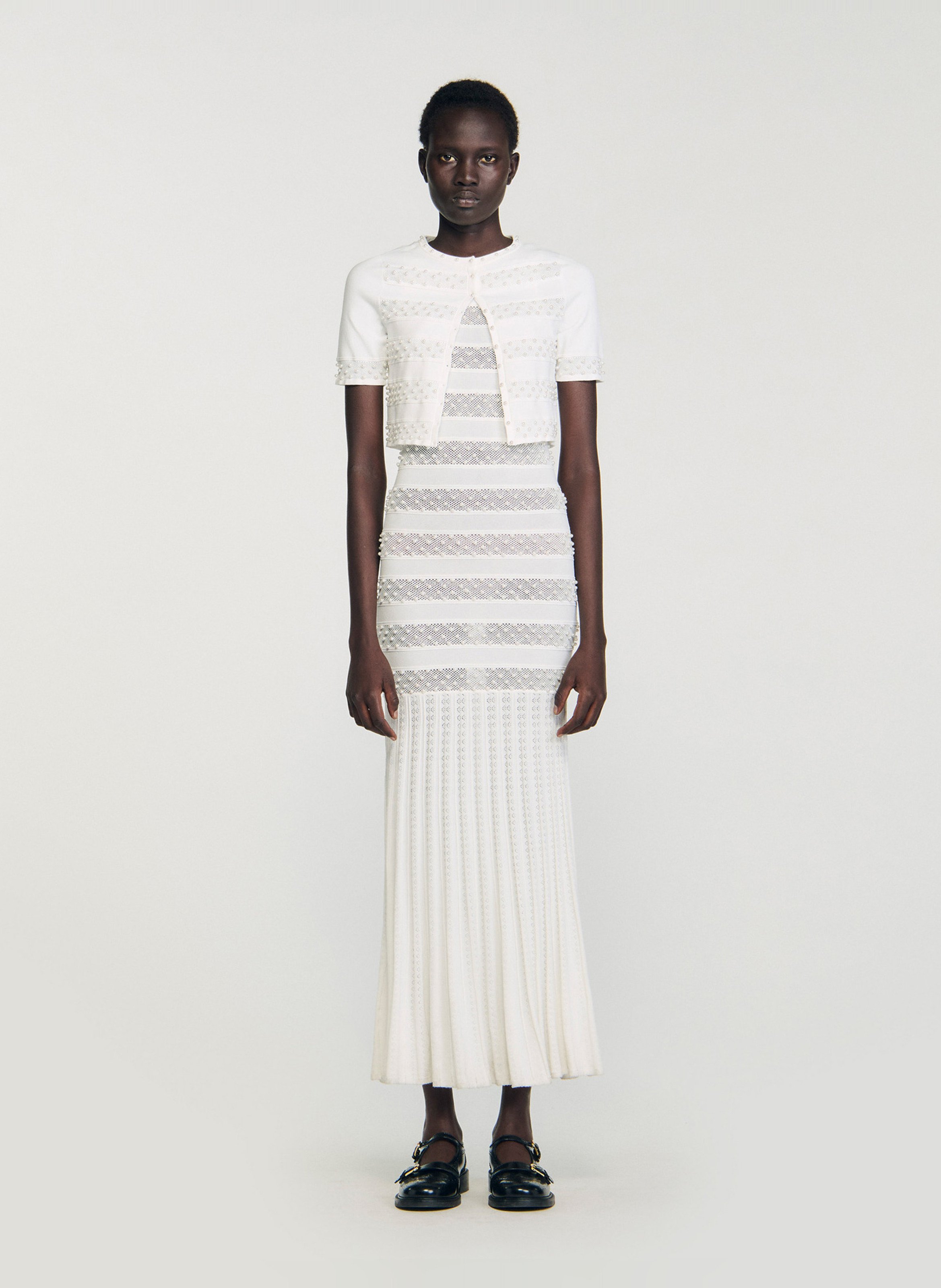 Cardigan court perlé col rond SANDRO Beige