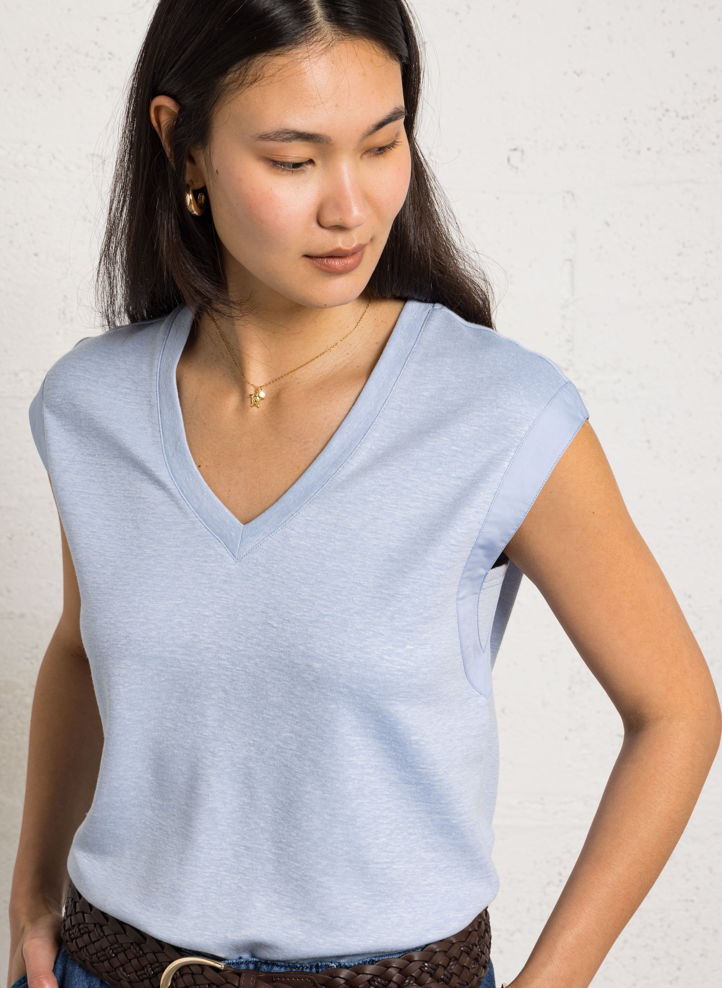 Tee-shirt col v en lin mélangé lyna MAISON 123 Bleu