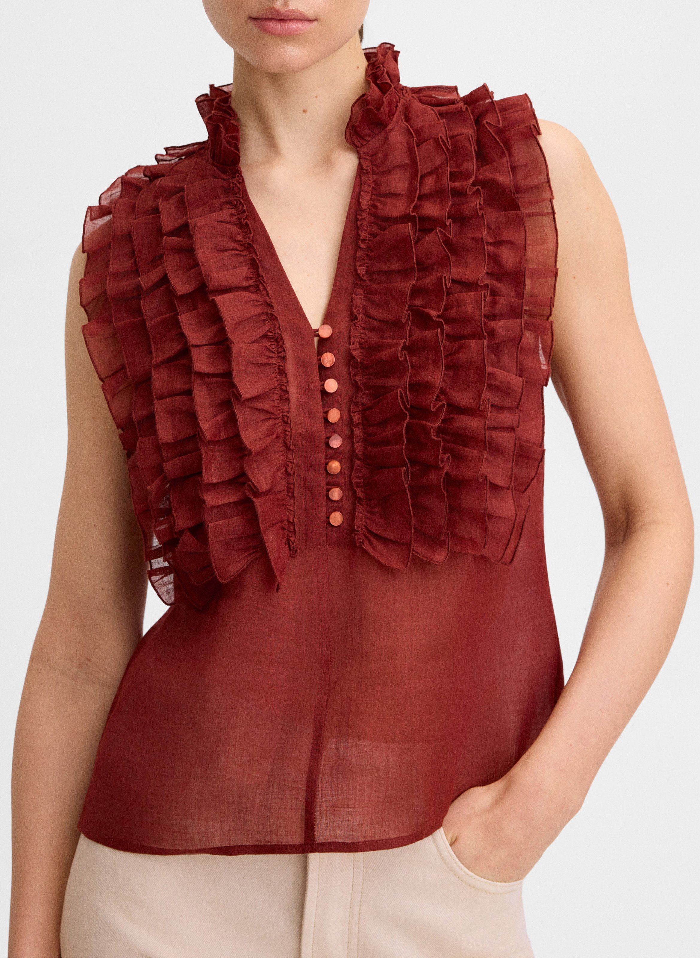 Top droit col v en lin jofre SIMORRA Marron
