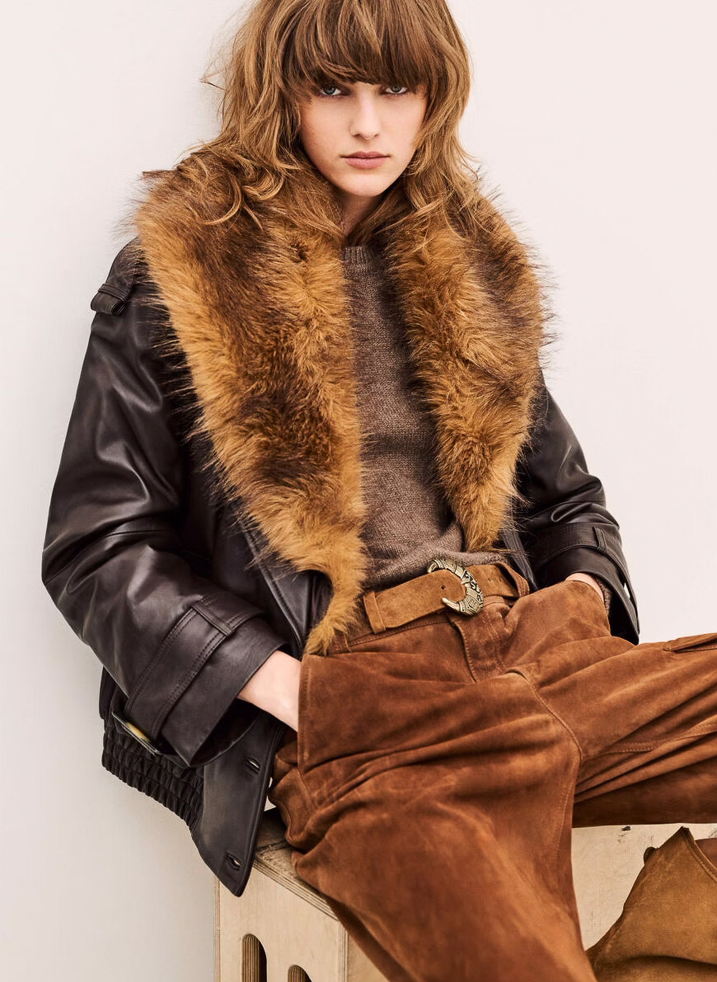 Manteau ample en cuir à col effet fourrure naho BA&SH Marron