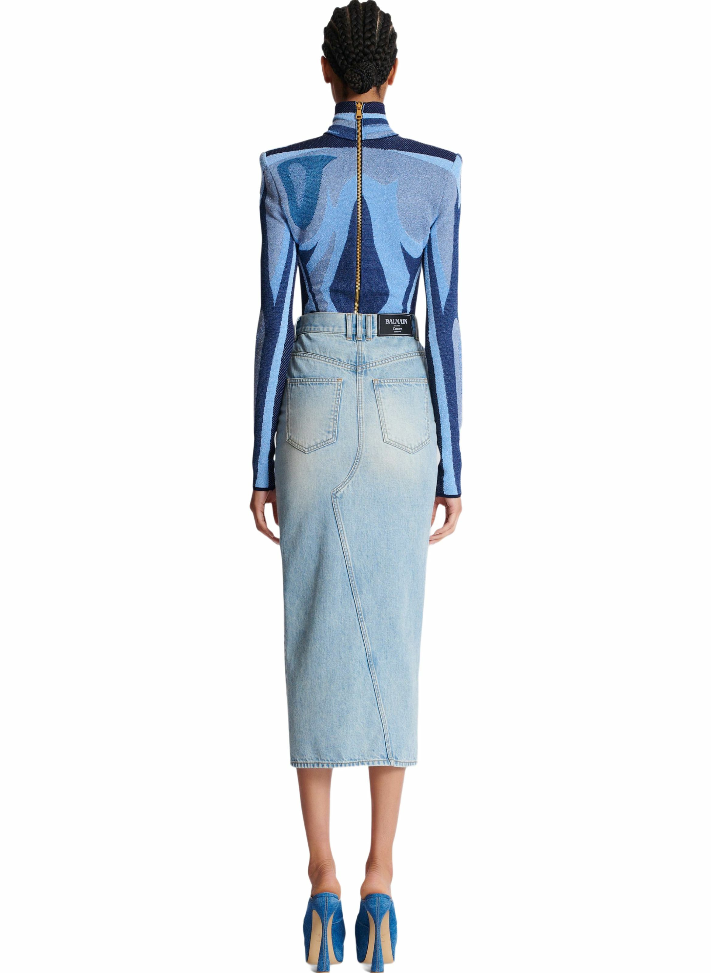 Jupe midi en denim BALMAIN Bleu