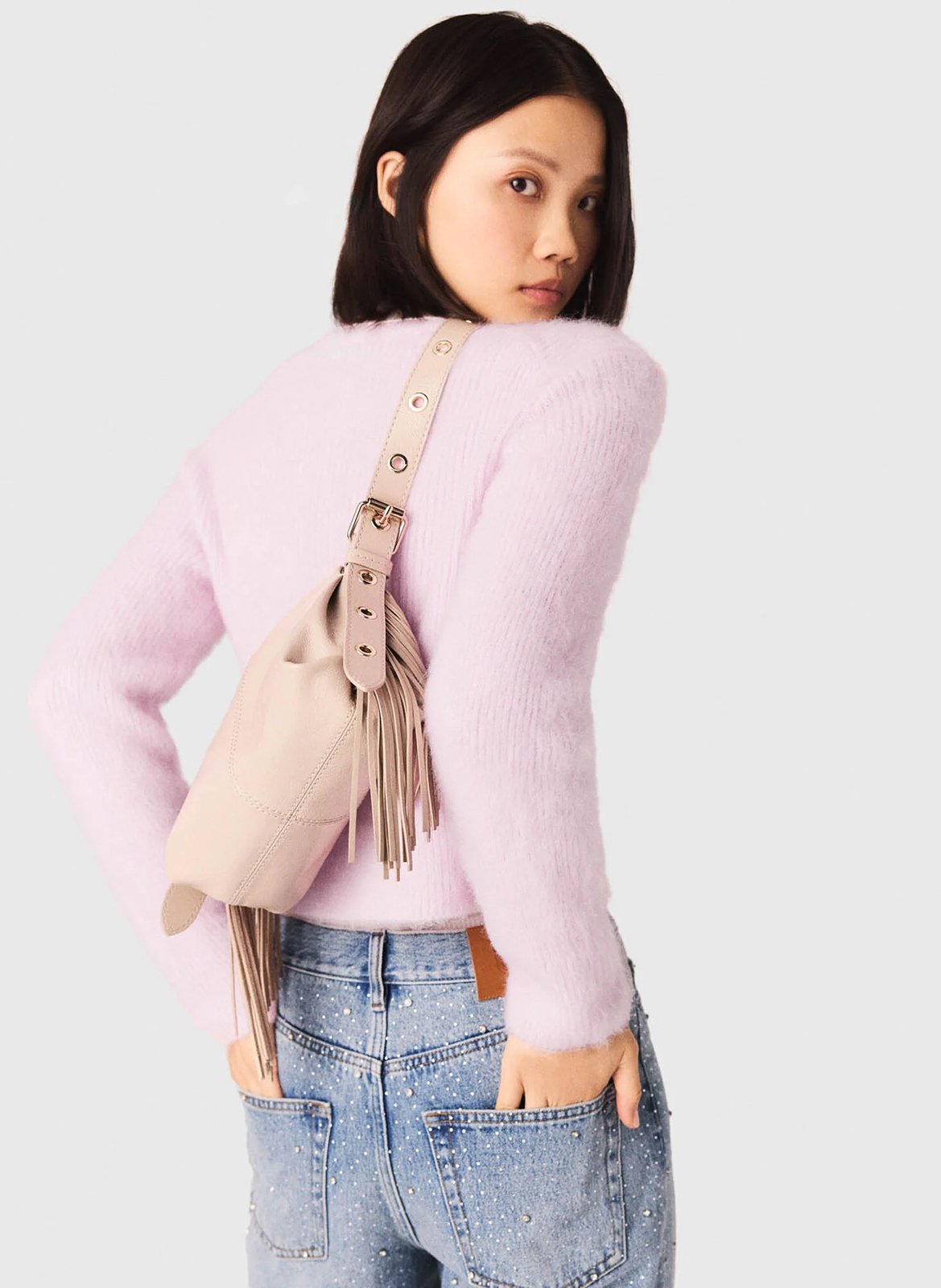 Sac bandoulière à franges en cuir miss m mini MAJE Beige